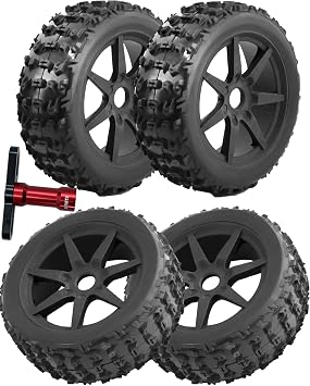 17mm Wheel Tires Set for 1/8 Talion 6S BLX,Typhon 6S 3S BLX,Red cat,L0S1,Team,HP1,HPS,KY0SH0,H0BA0,RC Wheel & Wheel Tires w/ 17mm Hex Wheel Wrench,Replace ARA5500974-Pack