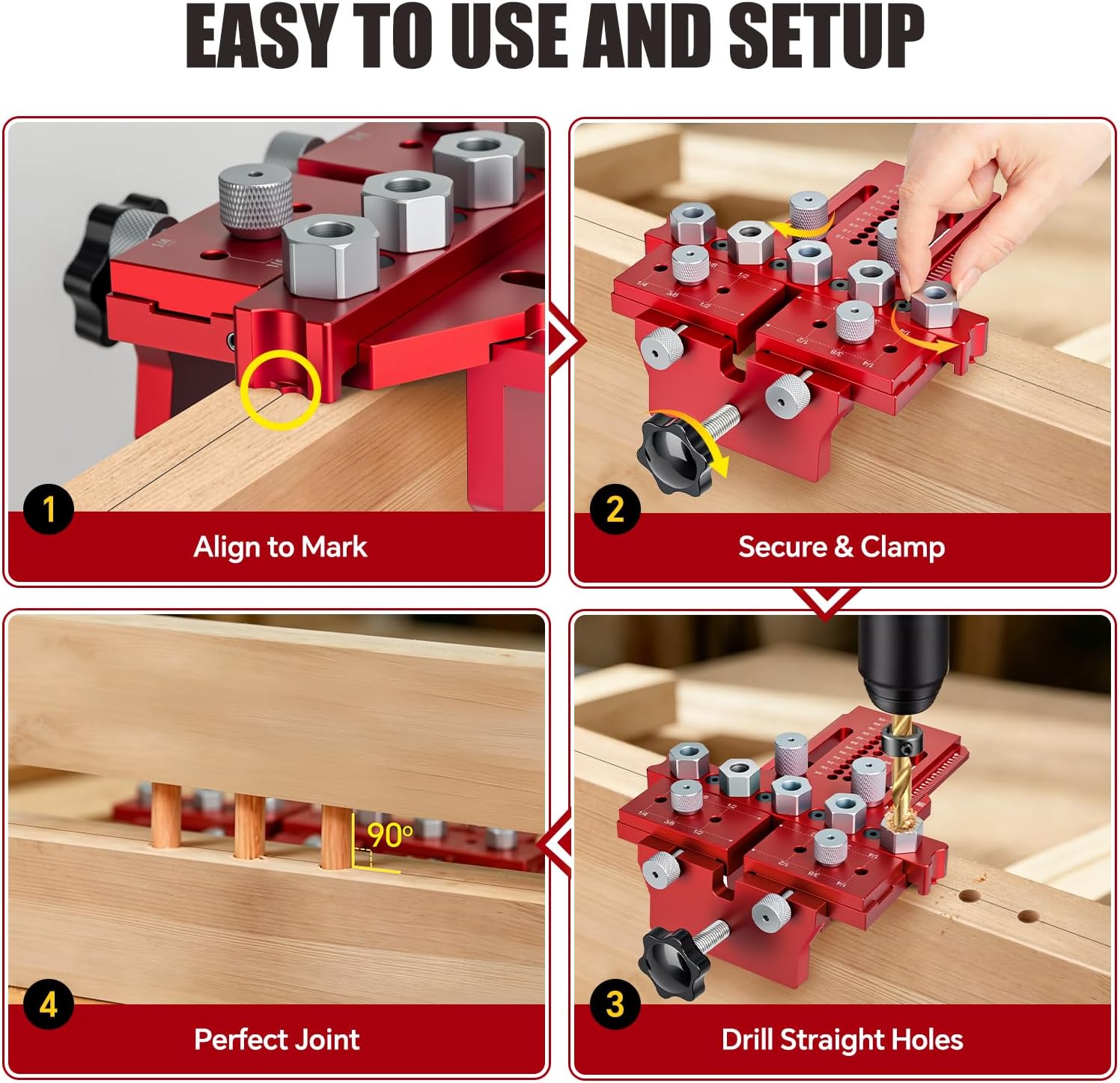 Dowel Jig Kit with Precision Position Stop & Clamp, Self Centering Doweling Jig for 1/4", 3/8", 1/2" Drill Bits – Accurate Straight Holes in Any Thickness of Wood for Furniture, Cabinets & DIY