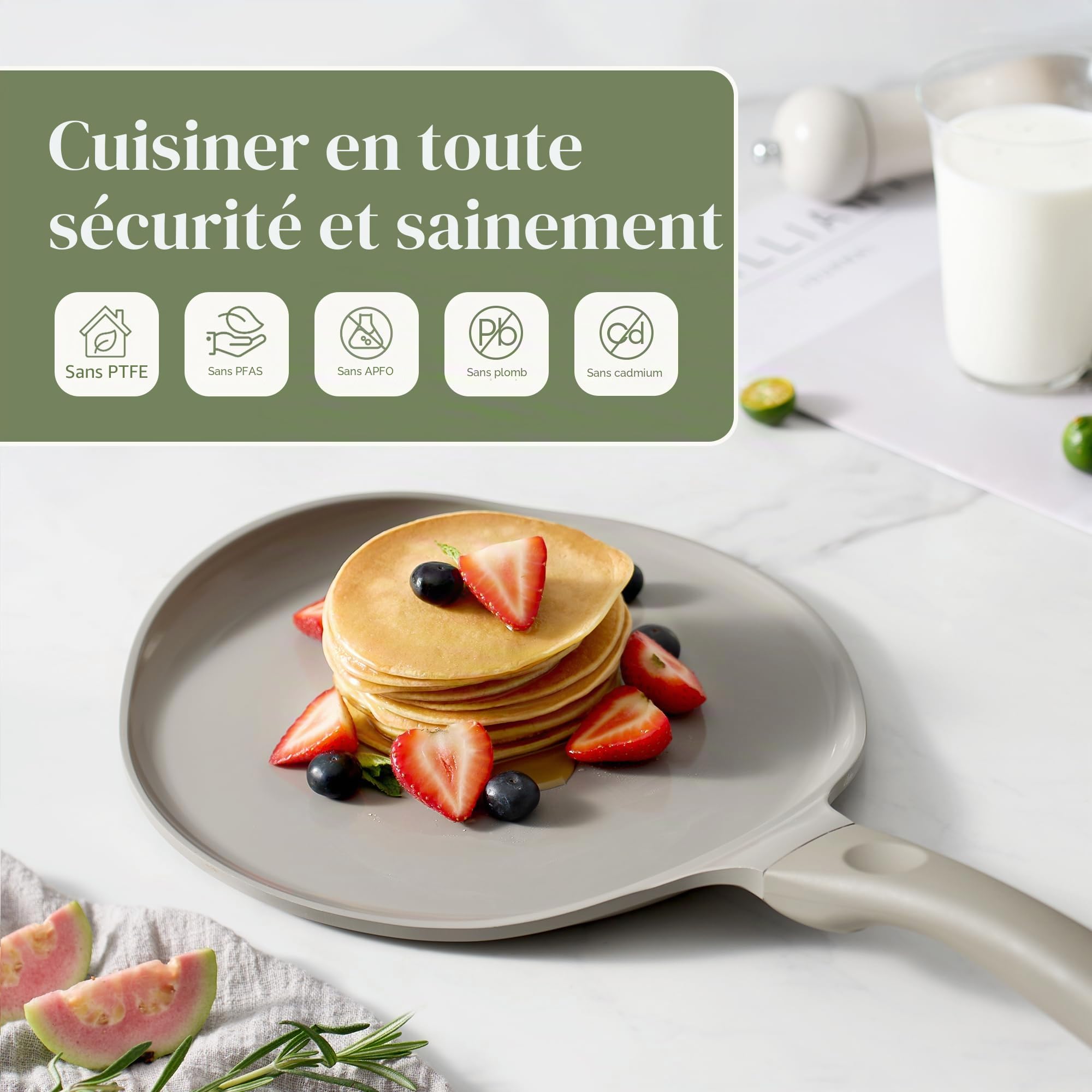 Redchef Poêle à crêpes, 26 cm, en céramique antiadhésive, sans PTFE, sans PFOA, résistante aux rayures, passe au lave-vaisselle, grise