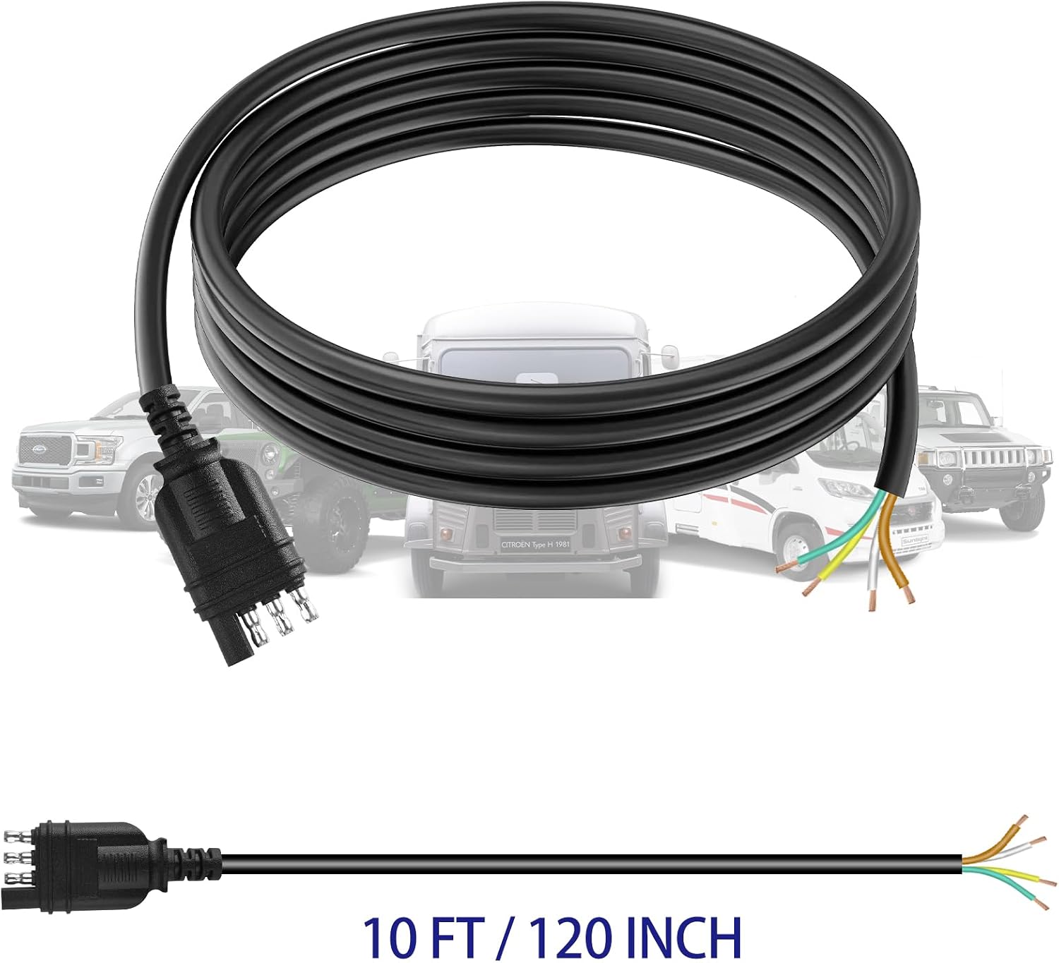 4 Pin Trailer Wiring Harness 10FT, 16 AWG 4 Way Flat Trailer Wiring Extension Connector Harness Vehicle Side Trailer Side 4 Prong Trailer Light Plug Trailer Hitch Wire Extension