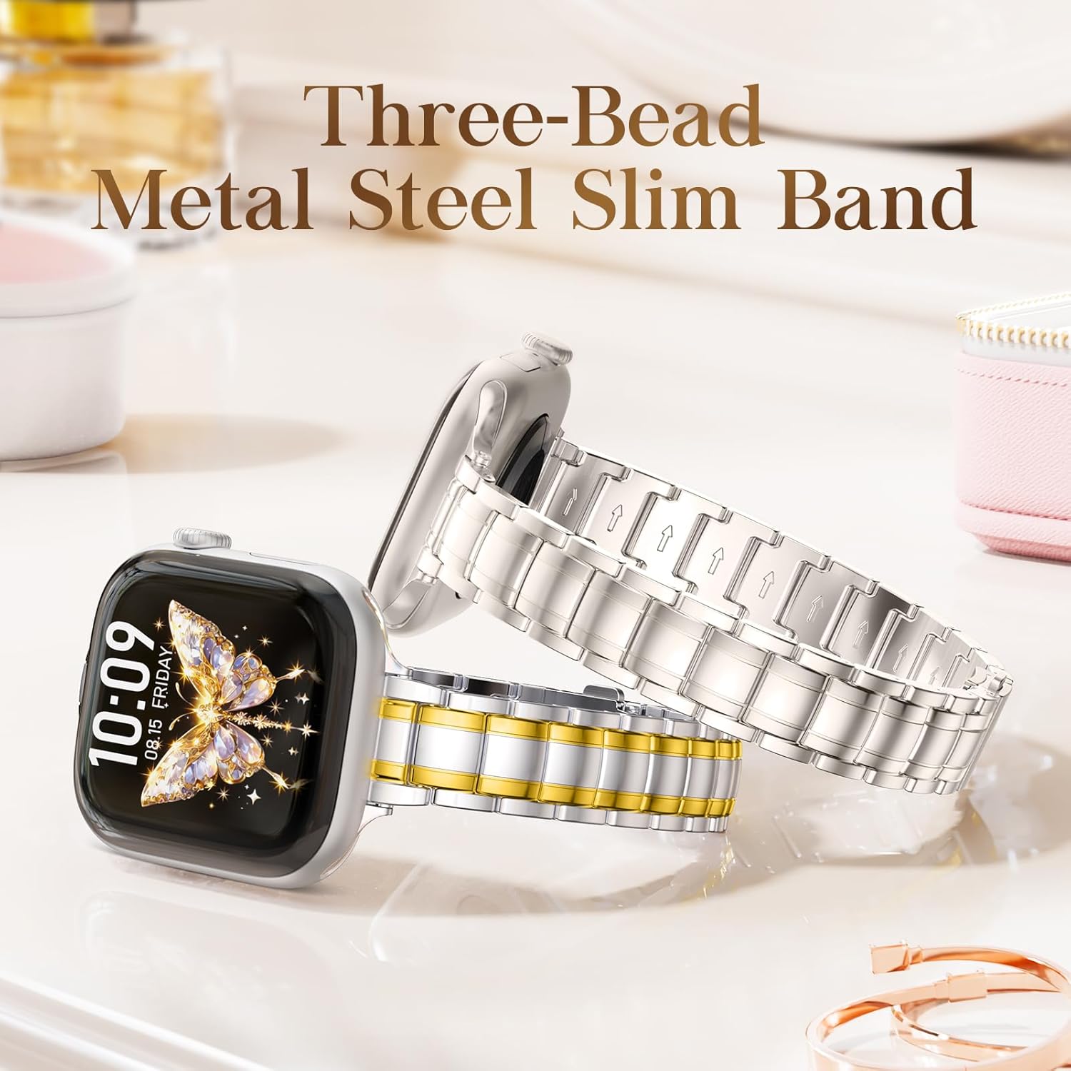 SOLOLUP Slim Metal Band Compatible With Apple Watch Bands for Women SE 3/2/1 40mm 41mm 38mm 42mm,Thin Dressy Stainless Steel Chains Strap for iWatch Band Series 11 10 9 8 7 6 5 4 3,Starlight - Image 5