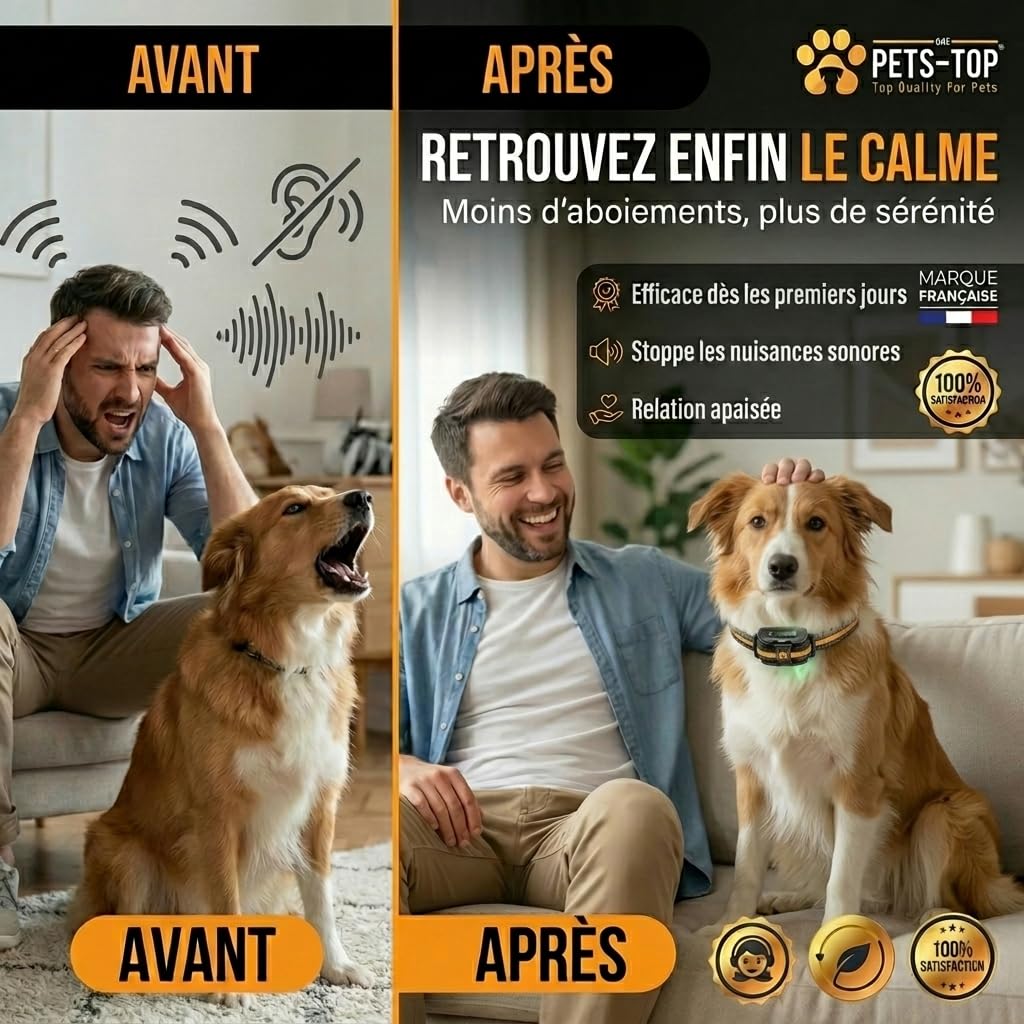 One PETS-TOP Collier Anti Aboiement Chien - Collier Anti Aboiement pour Chien à Simulation Electrostatique Douce, Vibrant, Sonore - IP67, Convient aux Gros et Petits Chiens - Ideal pour Le Dressage