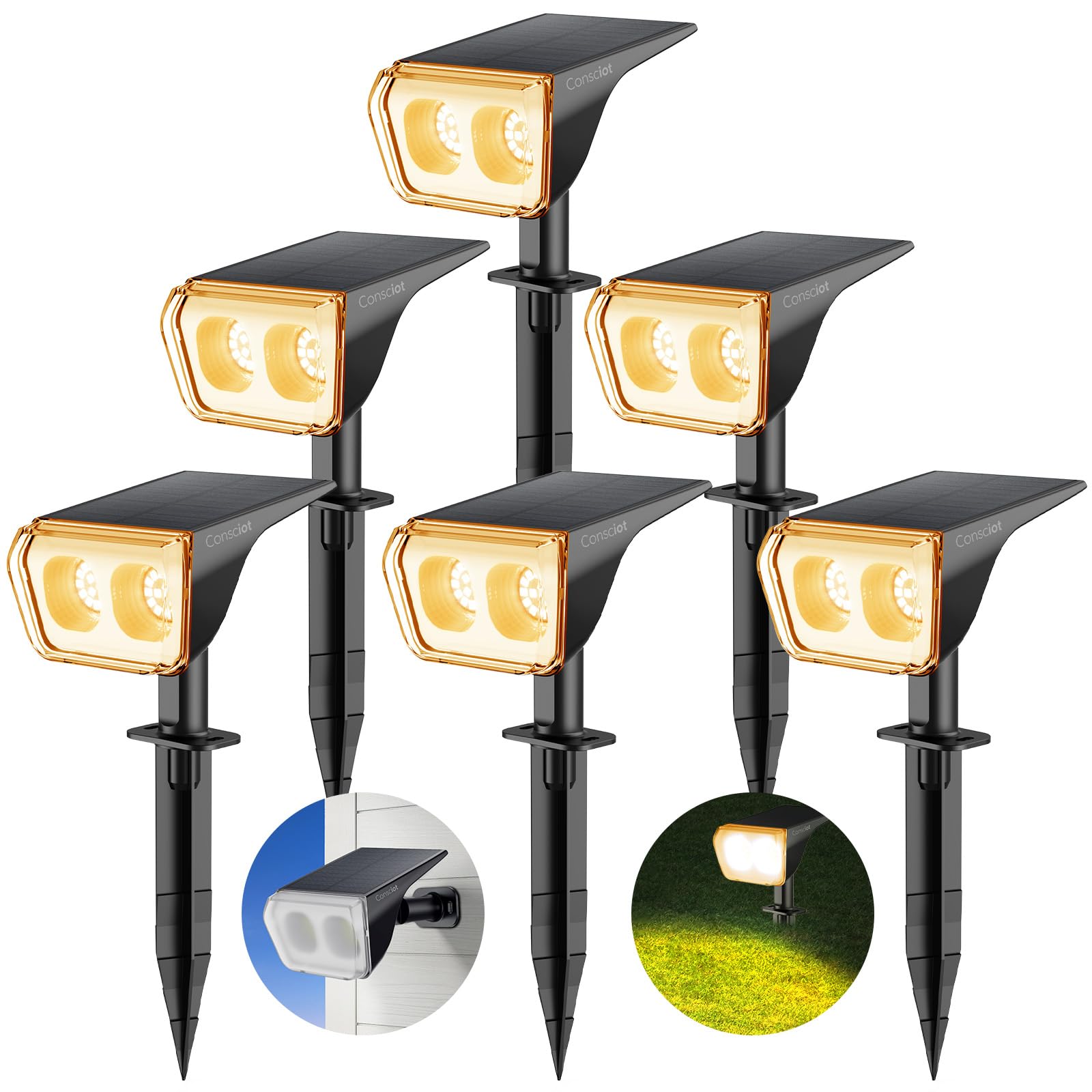 Consciot Solarstrahler Außen Wasserdicht, 24 LED Dusk-to-Dawn Solarstrahler, 2 in 1 Verstellbare Wandleuchten, Warmweiß Solar Landschaft Strahler für Garten Hof Wand Gehweg, 6 Pack