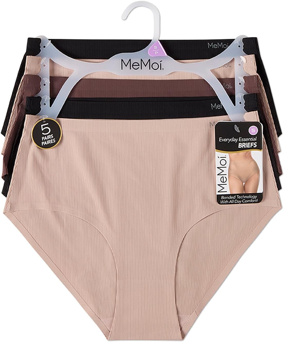 MeMoi 5 Pair Women's Bonded Pin-Ribbed Stitch-Free Tag-Free Briefs
