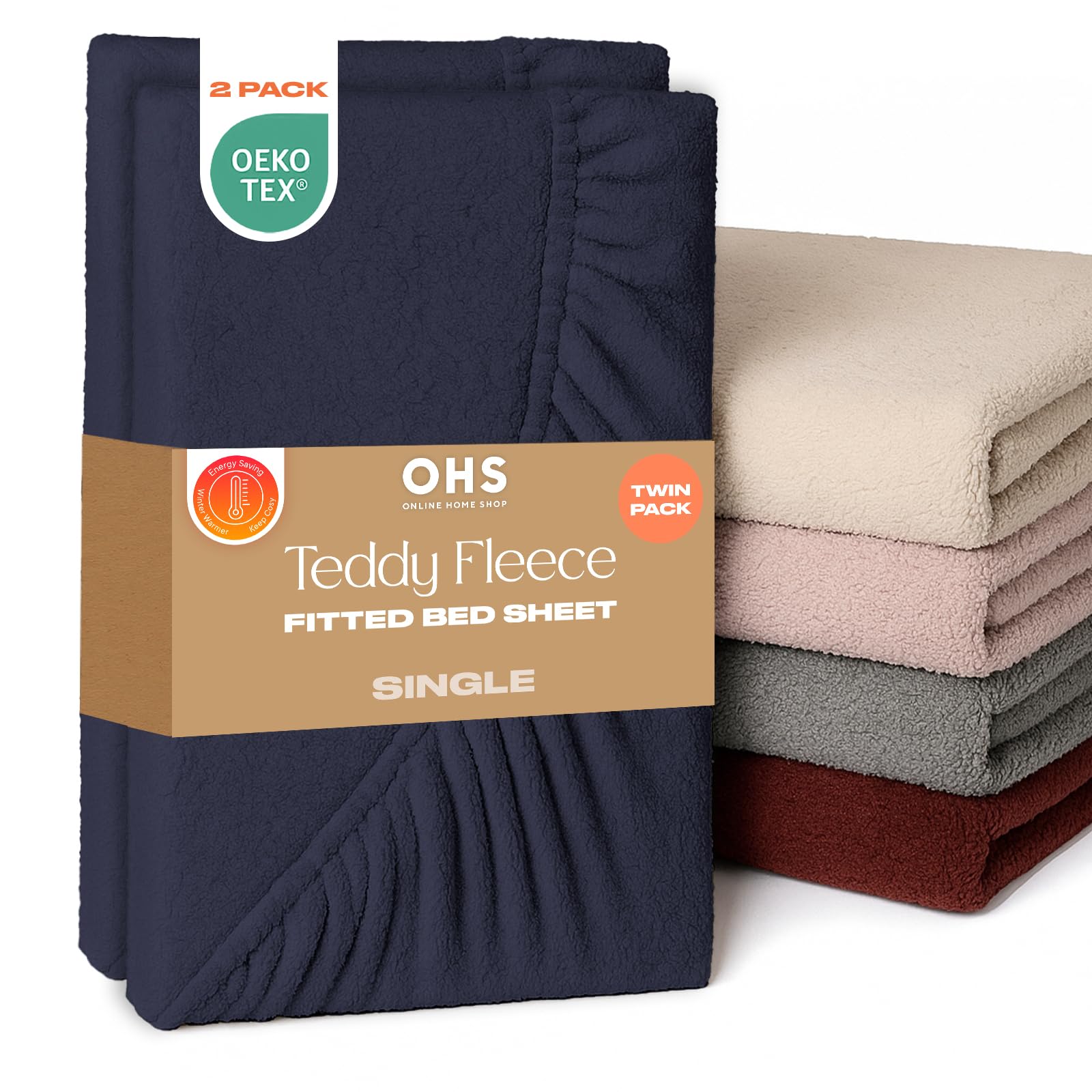 Brentfords Navy 2 Pack Fitted Sheet Single, Teddy Fleece Fitted Sheet Bed Cover Deep Pocket 25Cm Fluffy Bedding Fade Resistant Cuddly Cosy Teddy Bear Bedding, Blue - Single