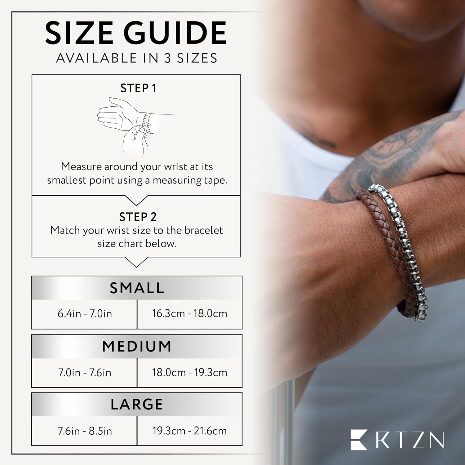 RTZN® Brown Leather Bracelet for Men – Premium Artisan Handcrafted Mens Leather Bracelet – Multi-Stand Mens Bracelet Leather Collection | Beaded Tiger Eye, Silver Chain, and Braided Brown Leather - Image 4