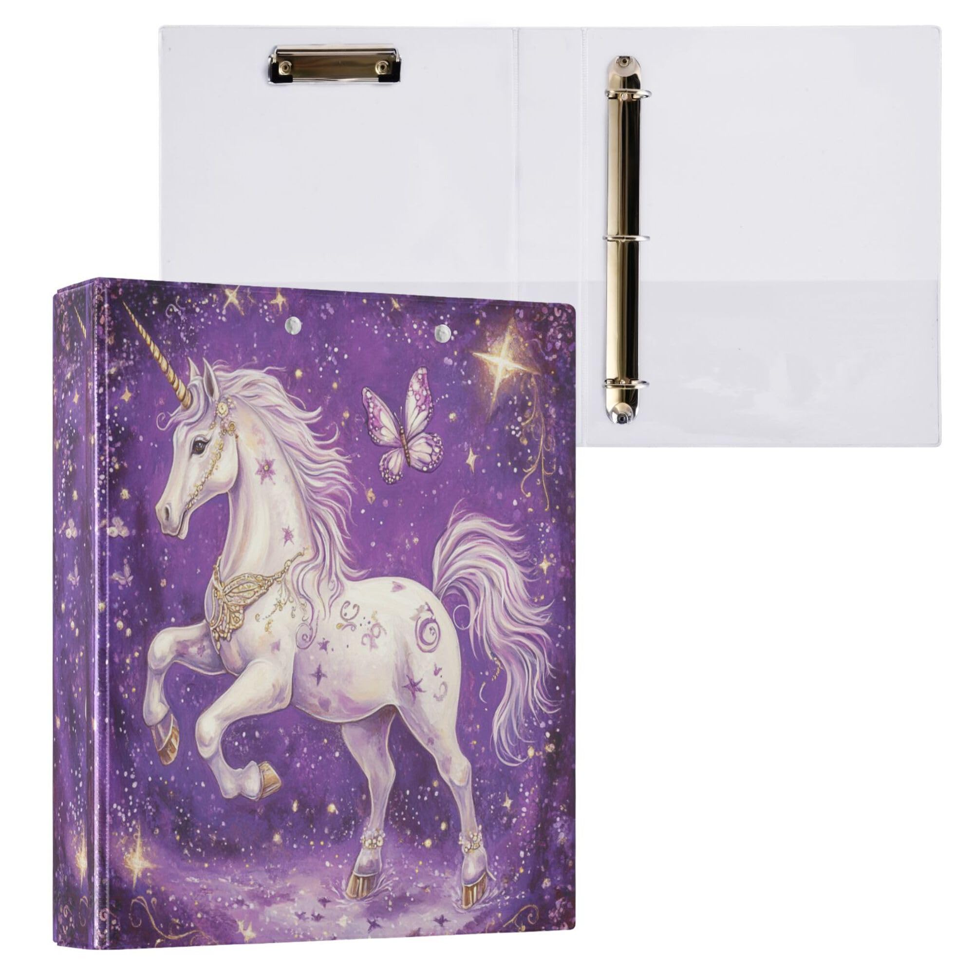 Dream Unicorn Butterfly Round Ring Binders 1.5 Inch Purple Horse Fairy Tale Style 3 Ring Clipboard Binder for Office School Work Supplies File Folder