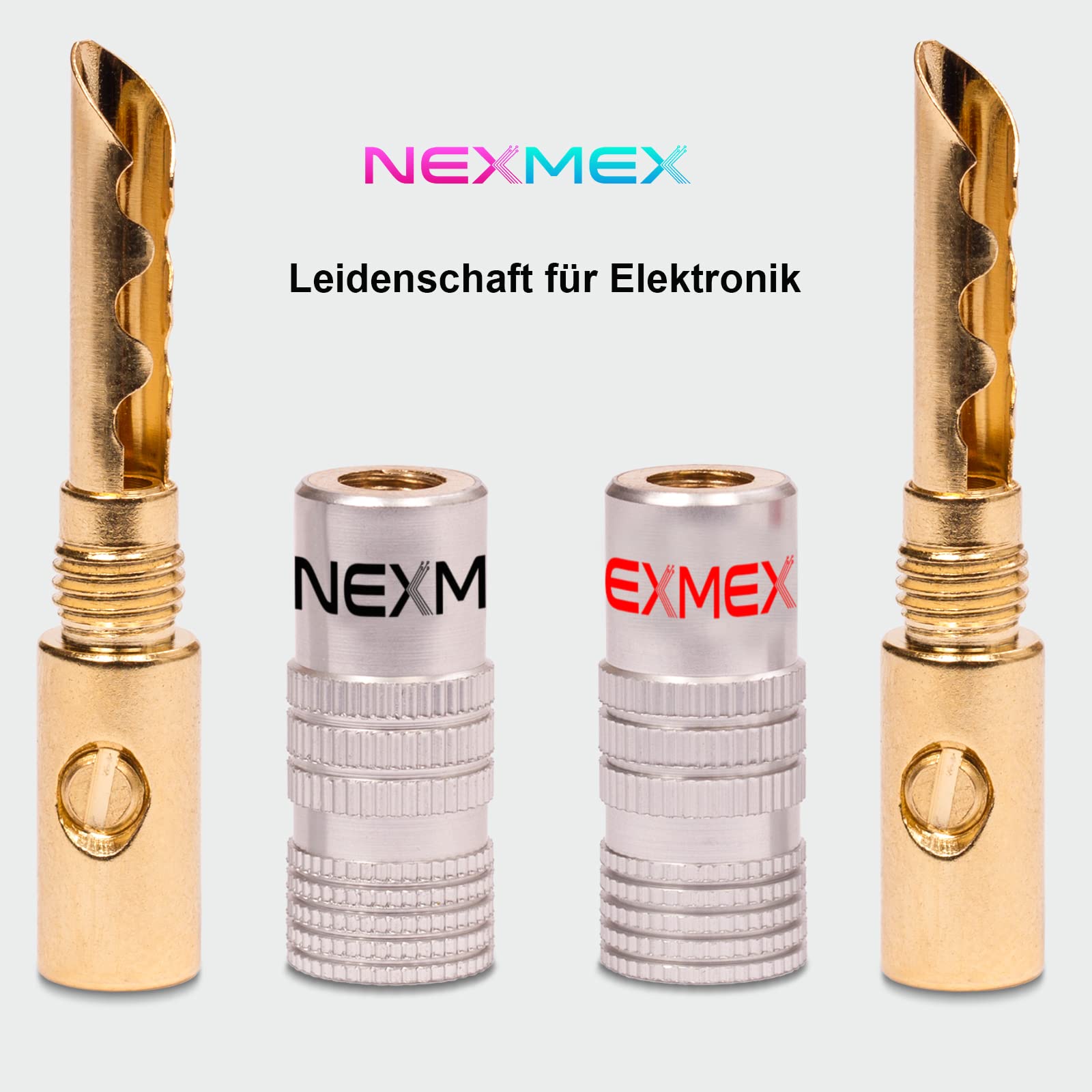 NEXMEX Hohl Bananenstecker 4mm - 20 Stück Stecker als Set - Hohl Steckverbinder 24K vergoldet Hohlbananas für Lautsprecherkabel - HiFi Lautsprecheranschluss