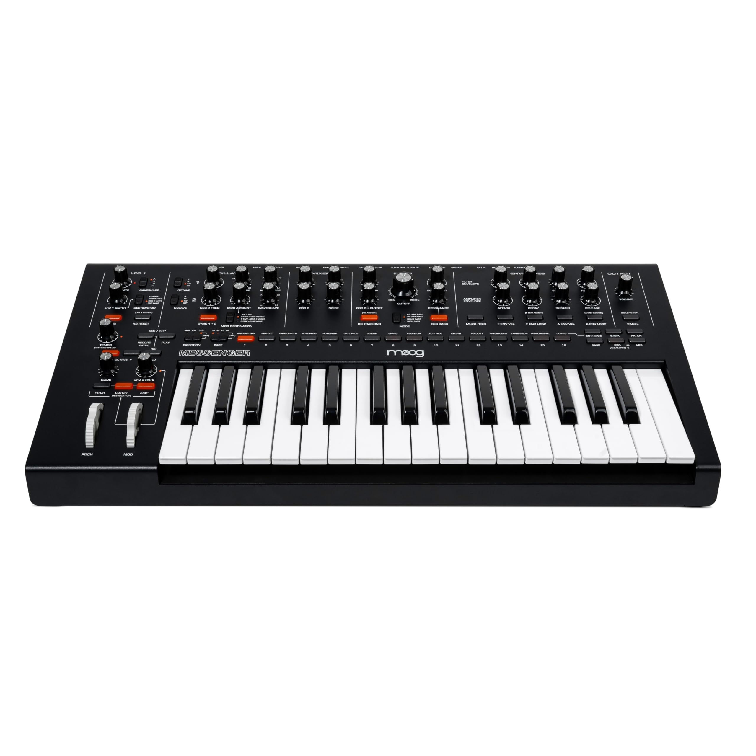 MOOG Messenger - Synthétiseur Monophonique Analogique Nouvelle Génération avec Clavier 32 Touches, Séquenceur 64 Pas, 256 Préréglages et Compensation RES BASS