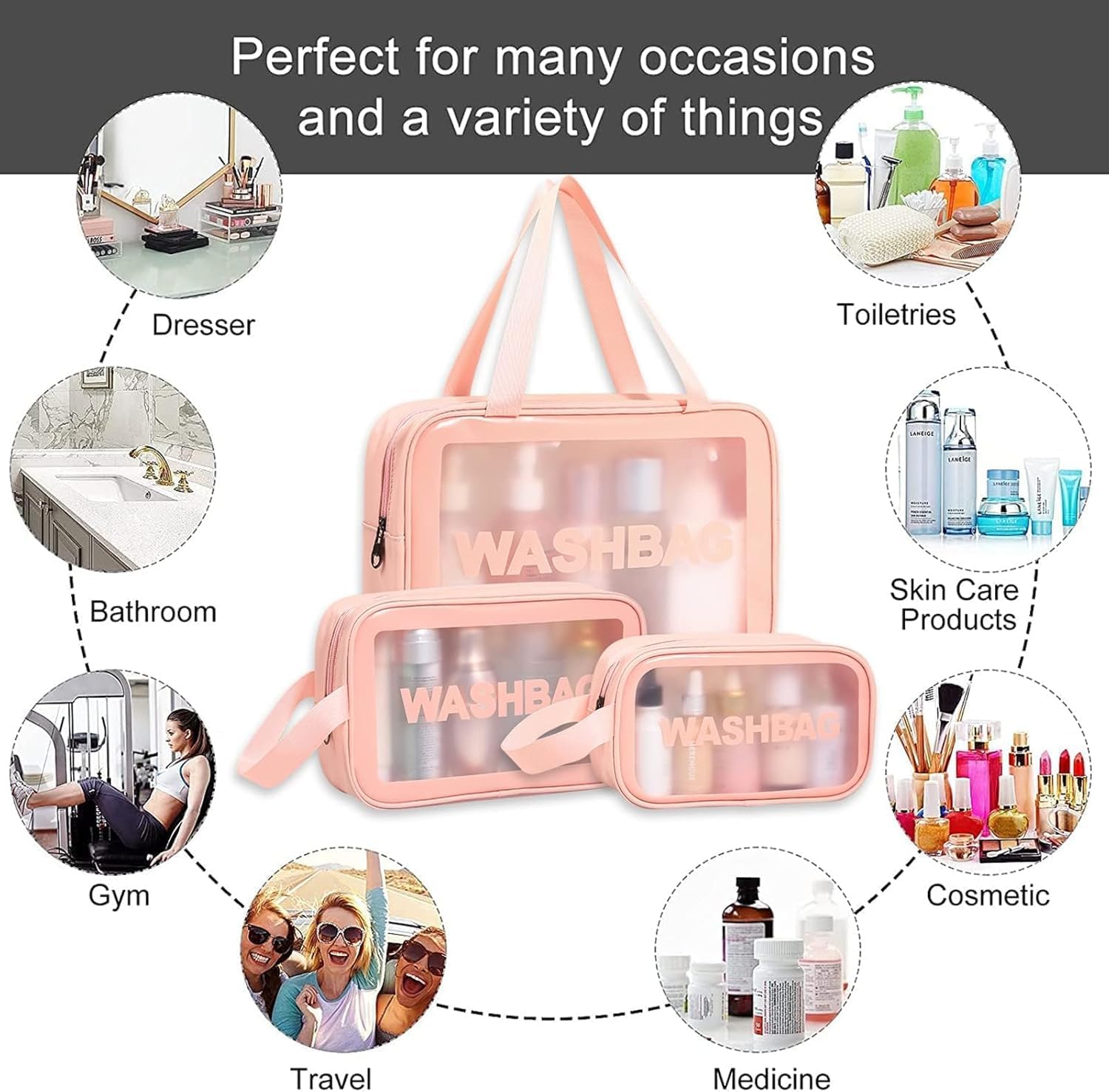 Travel Toiletry Organizer Set of 3 | Waterproof Cosmetic & Makeup Pouches with Handle | Large Capacity Travel Wash Bags for Toiletries, Skincare, Brushes & Accessories | Multi Color 4