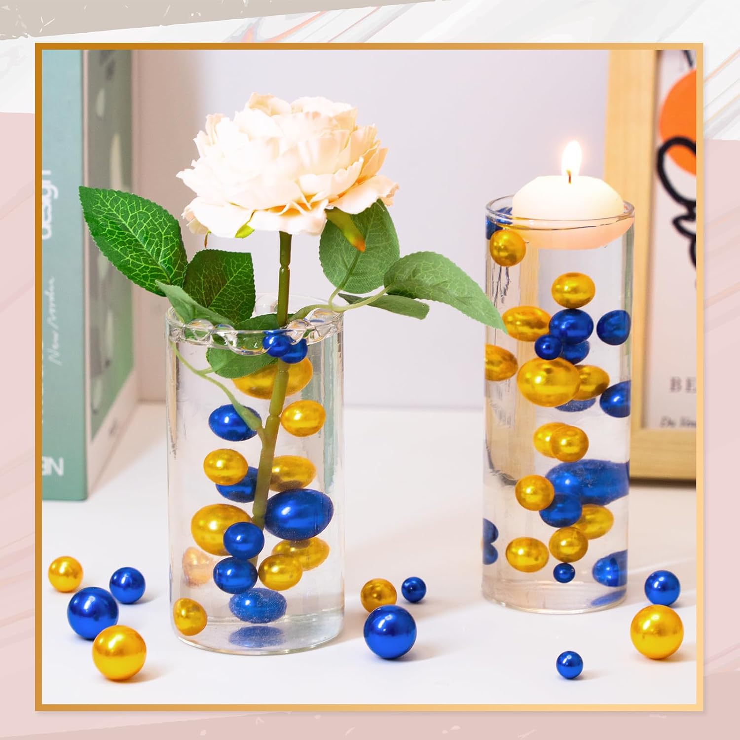 300Pcs Vase Filler Blue and Golden Yellow No Hole Faux Pearl Beads for Vase Filling Decorations, Candle Centerpieces, Wedding Centerpieces, Home Party Decor (8/14/20mm) - Image 4