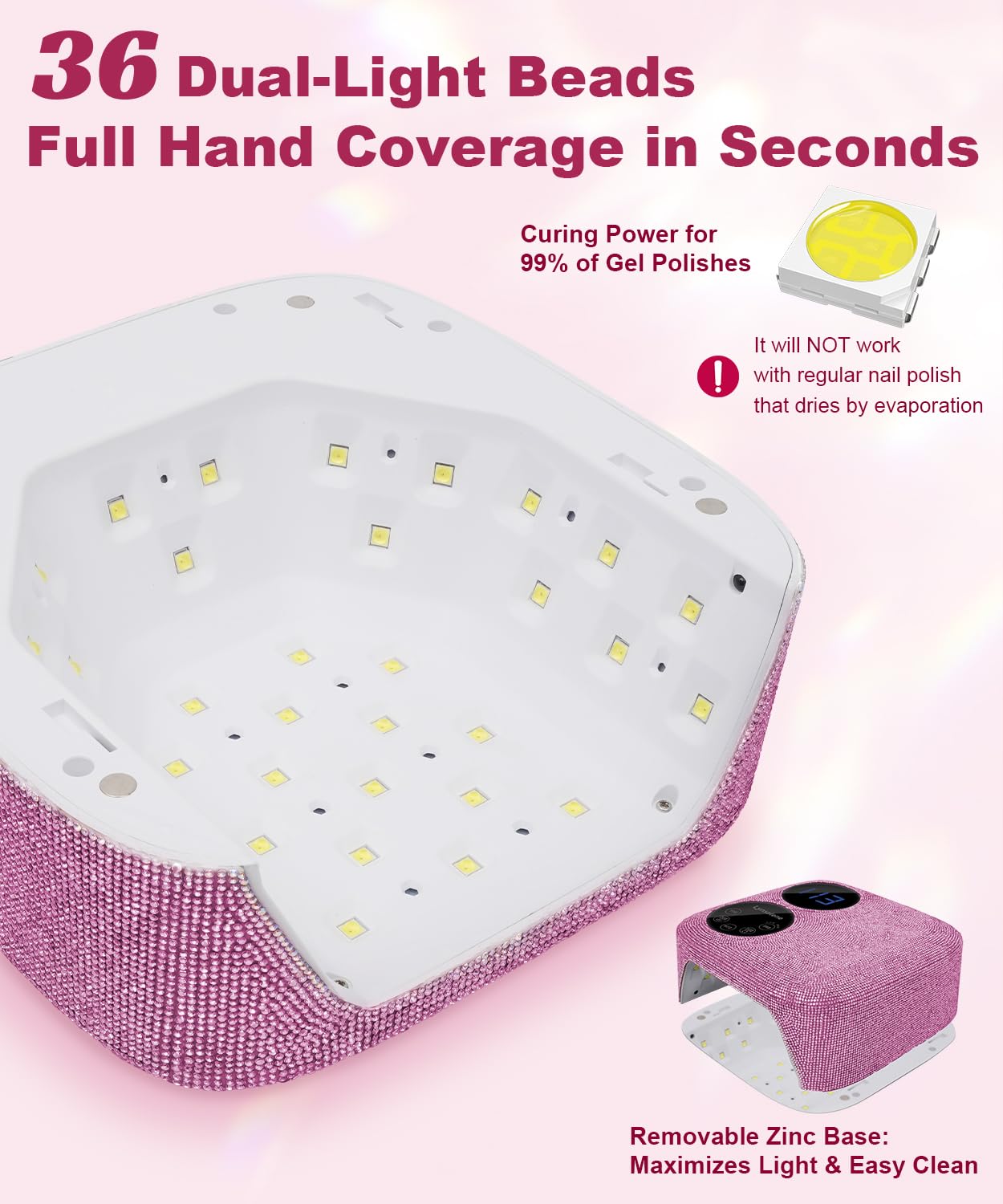 80W Pink Cordless UV LED Nail Lamp with Magnetic Detachable Base