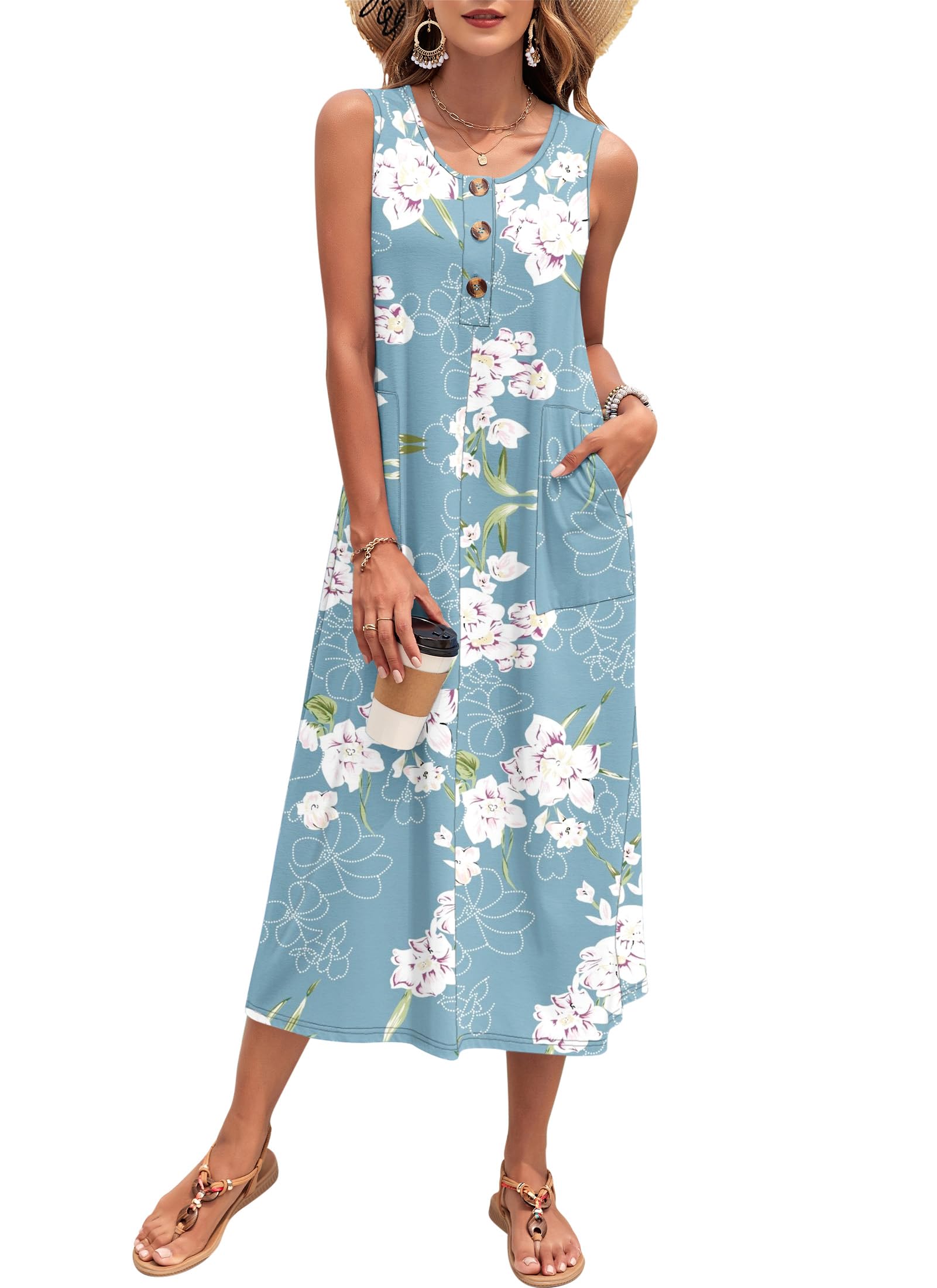 PLOKNRD Damen Sommer Maxi Kleid Ärmellos Strandkleid Lässiges Lange Button-Down Tank Kleid mit Taschen