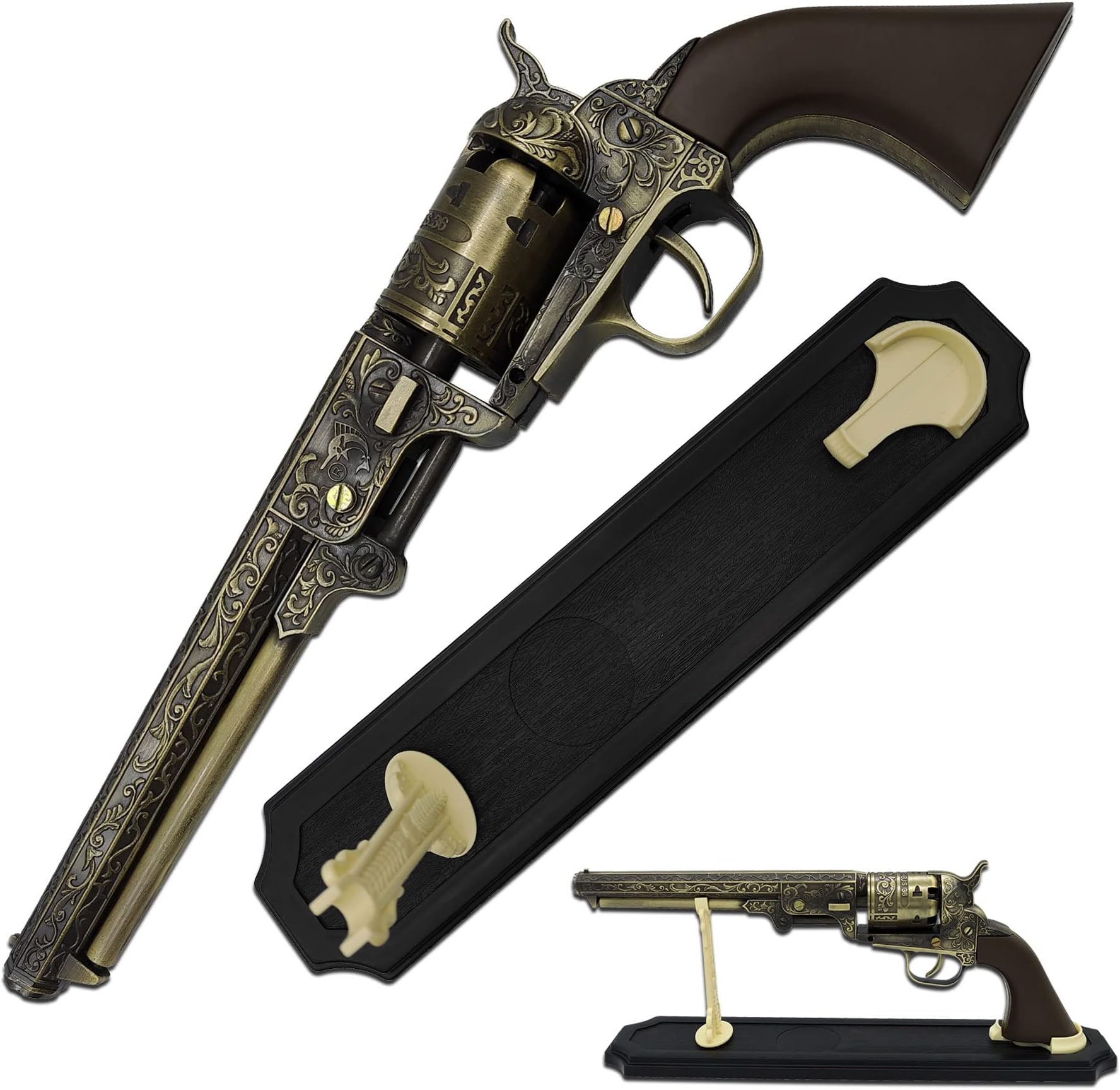 Master USA - Decorative Western Revolver with Display Stand - 13-inches Overall, Western Style Navy Revolver with Ornate Engravings on Body - SMB-110BR - Decorative, Collectible, Cosplay