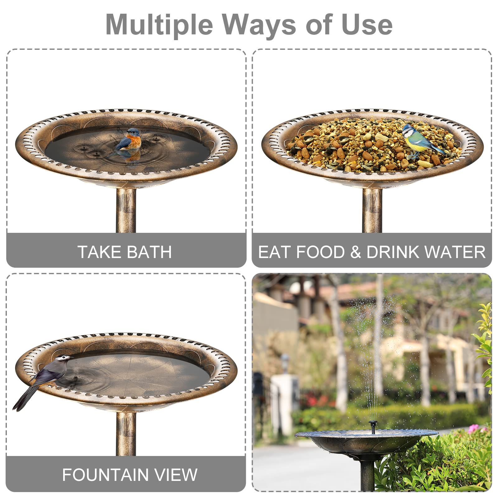 AMZtime Fuente Solar 2,5 W, Bebedero para Pájaros | Bebedero para Pájaros de Exterior, para Jardín y Baño de Pájaros, Fuente Solar de Fácil Instalación