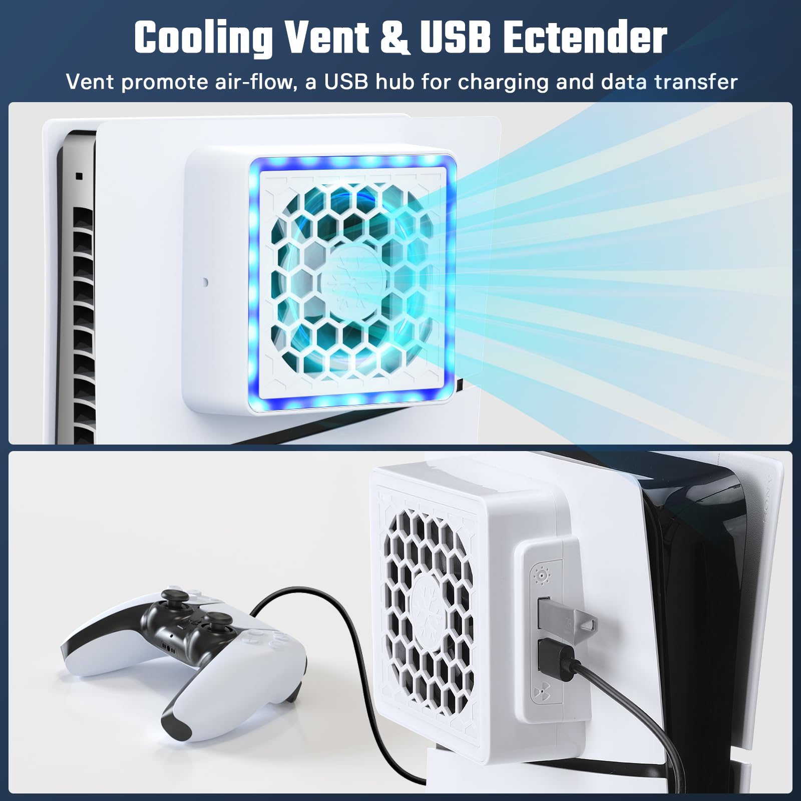 Ventilador de Refrigeración para PS5 Slim, Ventilador para PS5 Slim con 8 Modos RGB, Ajustable de 3 Velocidades, 2 Puertos USB, Estación de Refrigeración para PS5 Slim Disc & Digital Edition