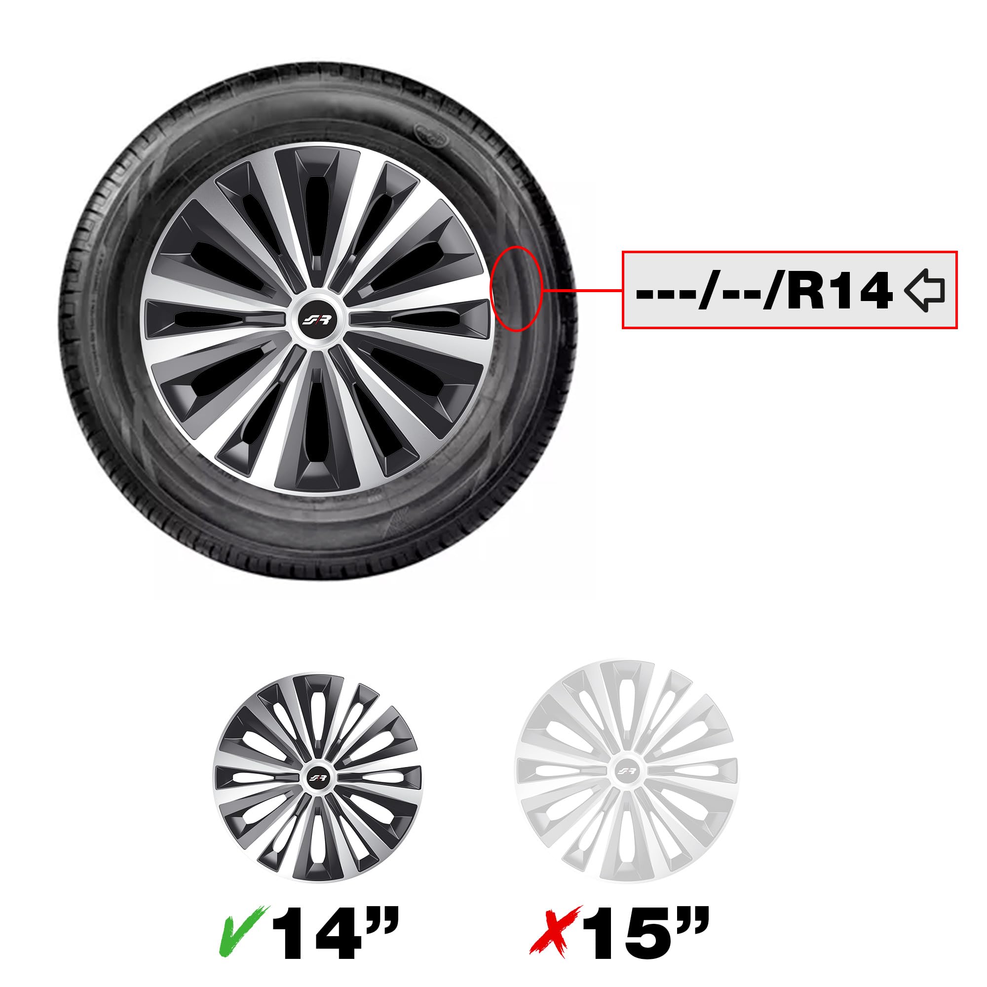 Simoni Racing MUL/14SB, Set 4 Copricerchi universali Multi Silver Black da 14" pollici, Copriruota auto Grigio e Nero