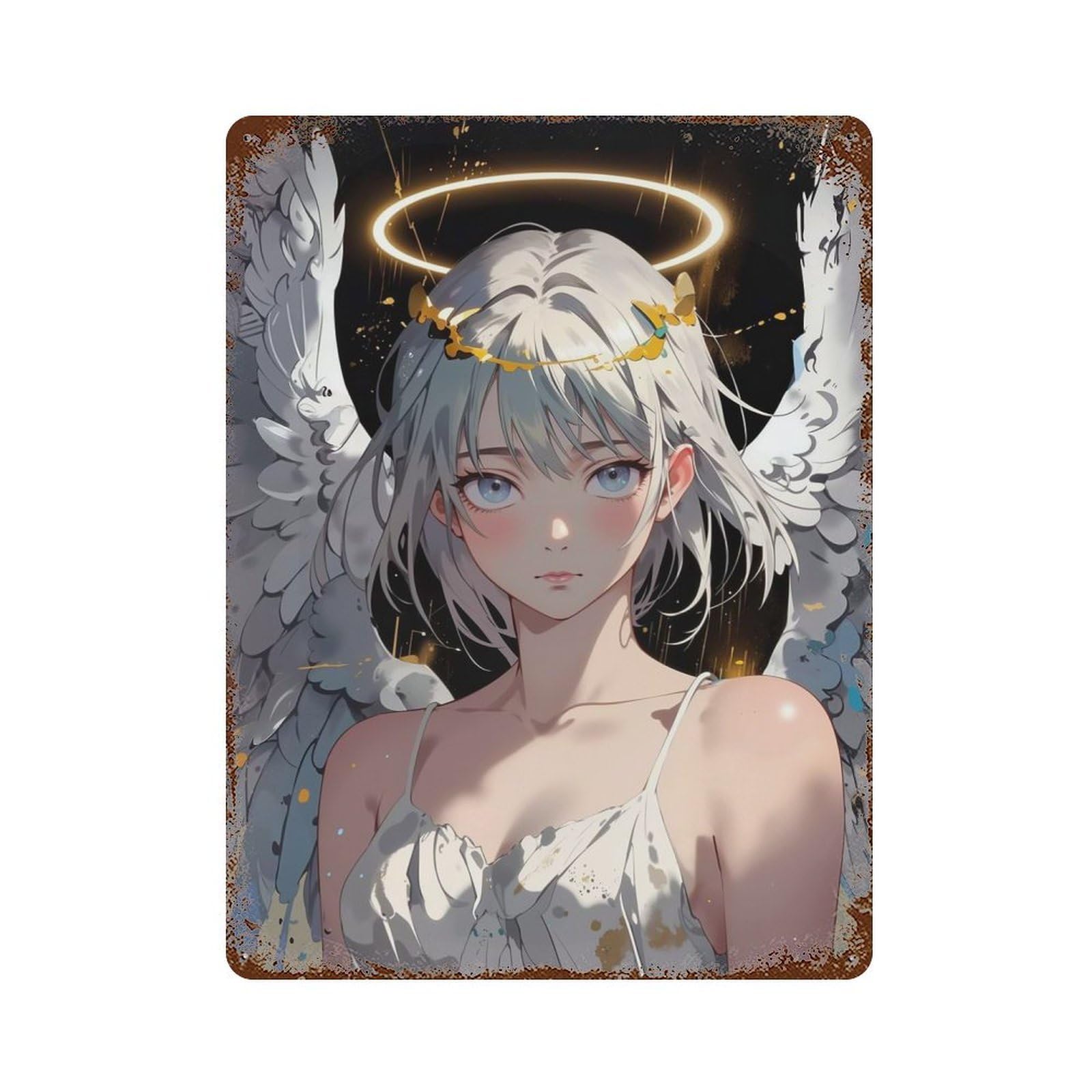 Vintage Rust Metal Sign with Angel with White Wings Design 15.7"x11.8", for Shed, Workshop And Garage Wall Decor, Retro Wall Decor