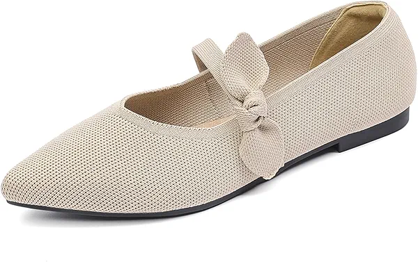 AHZEHRSE Women's Flats Mary Jane Ballet Knit Flats for Women Pointed Toe Comfortable with Bow Foldable Dressy Flats Slip On Casual Office Shoes Beige