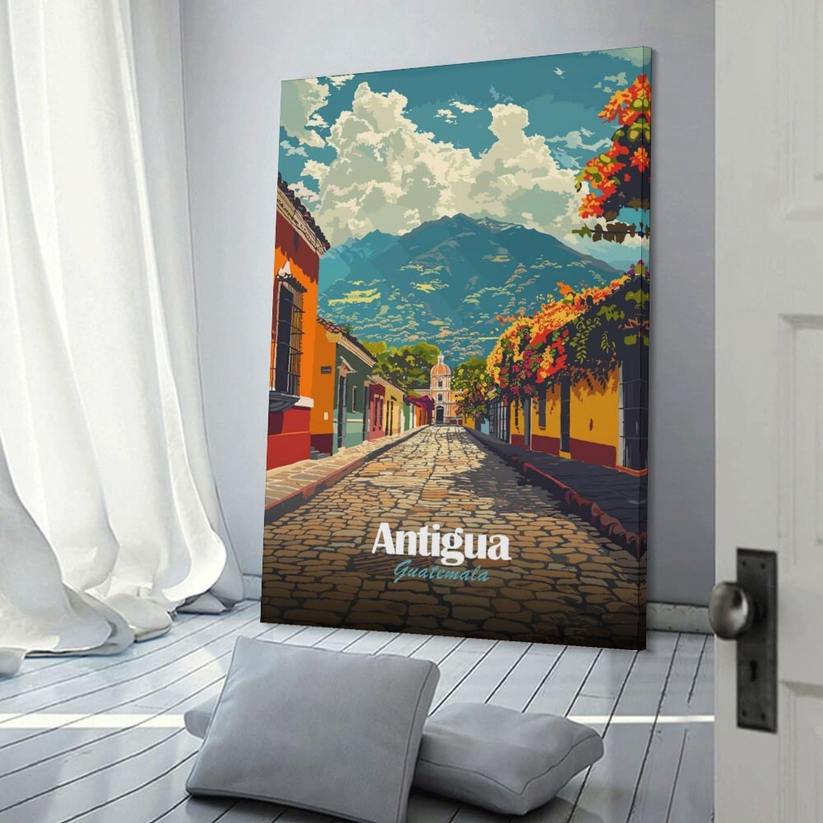 Junmoney Antigua Guatemala Street View Home Decor Wall Art 24x36inch(60x90cm), for Home, Office, Studio Or Guest Room, Canvas Wall Art That Fits Changing Layouts