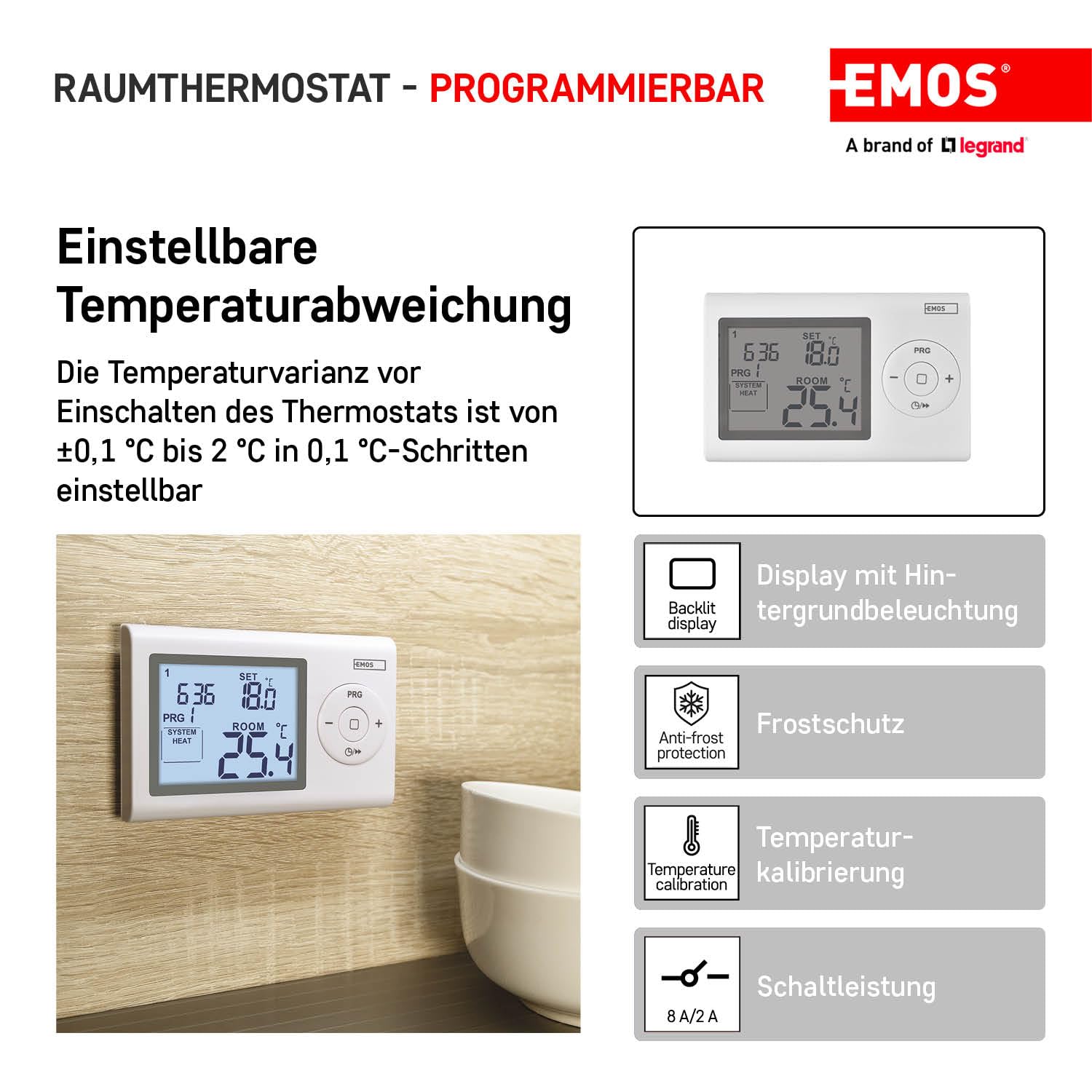 EMOS - Thermostat numérique avec écran LCD - Filaire programmable - Chauffage/climatisation - Plage température 5-35 °C - Montage en Surface - Protection Protection antigel - Pile Incluse - Blanc