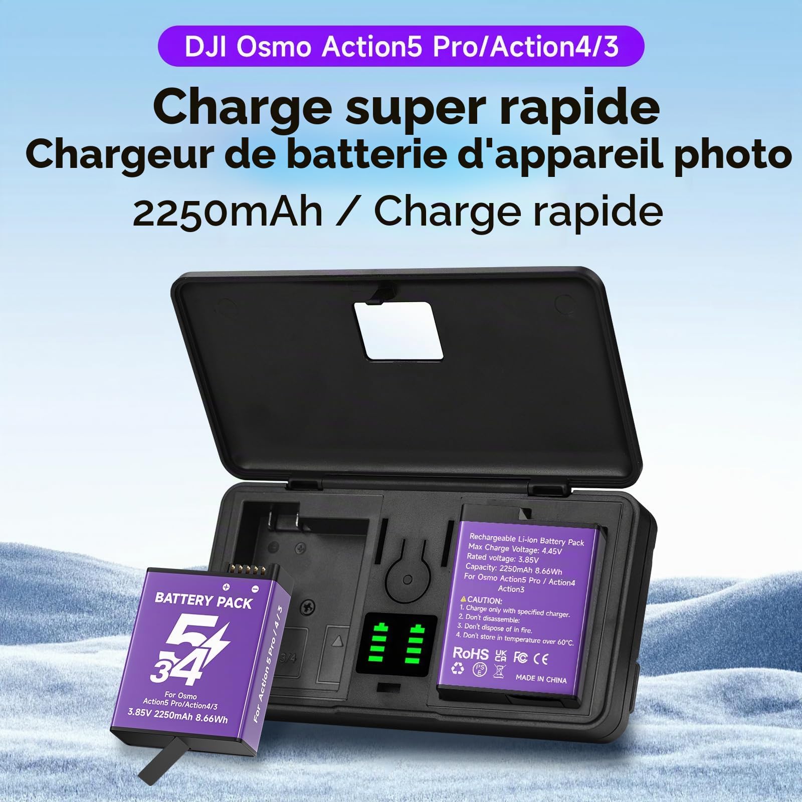 CITYORK Kit-Chargeur de Batterie pour DJI Osmo Action 6/5 Pro/ 4/3 / Osmo 360 Chargeur de caméra Sport, Batterie 2250 mAh (Pack de 2) et Slots Double Canal, avec écran LCD et câble USB
