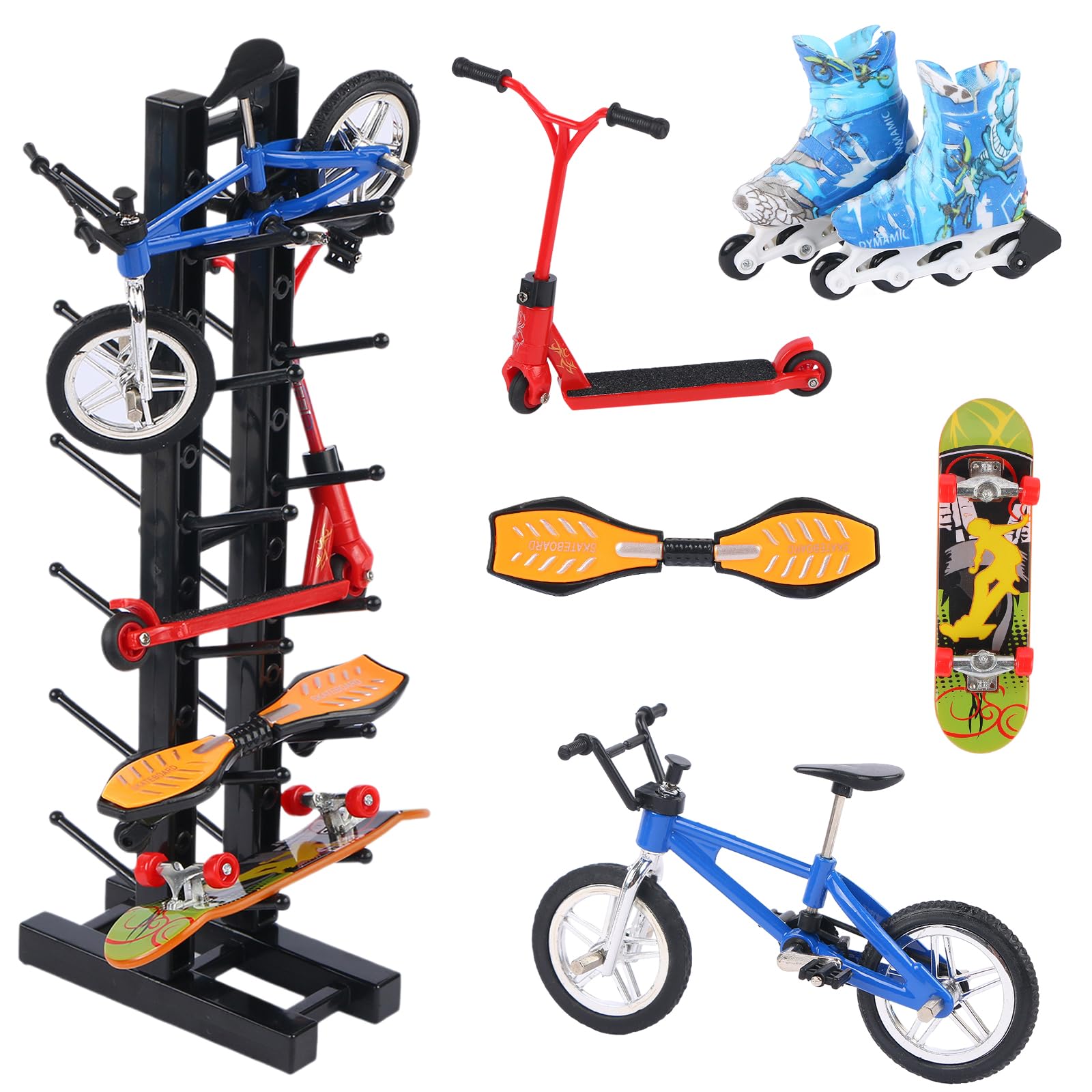 LALASTYLE 6PCS Mini Finger Skateboards Set, Mini Bicycle, Scooter, Skates, Swing Board & Storage Rack, Complete Fidget Toys Kit, Finger Training Tricks Props, Party Favours Bag Fillers