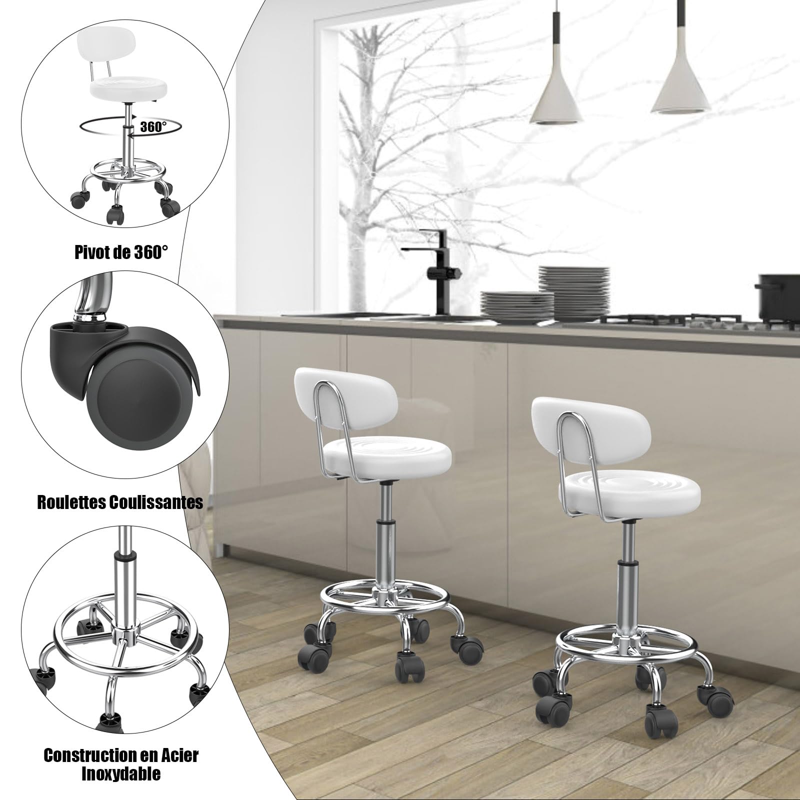 PIPOXER Juego de 2 taburetes de peluquería con respaldo taburete rodante, giratorio de 360°, regulable en altura 46,5-61,5 cm, taburete de oficina ergonómico, adecuado para salones de masaje