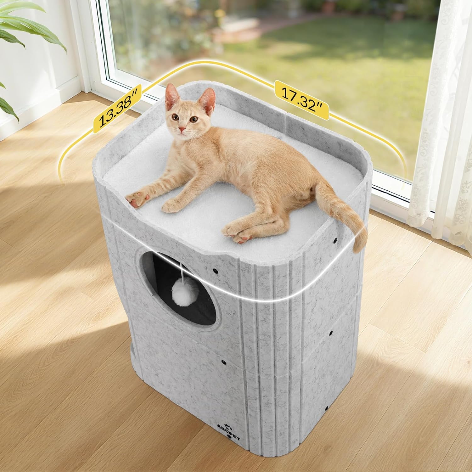 Cat House for Indoor Cats, Cat Condo Cat Bed Cave, Felt Cats Hideaway Condo with Resistant Scratching Freedom Kitten Cube & Hanging Ball, Light Gray