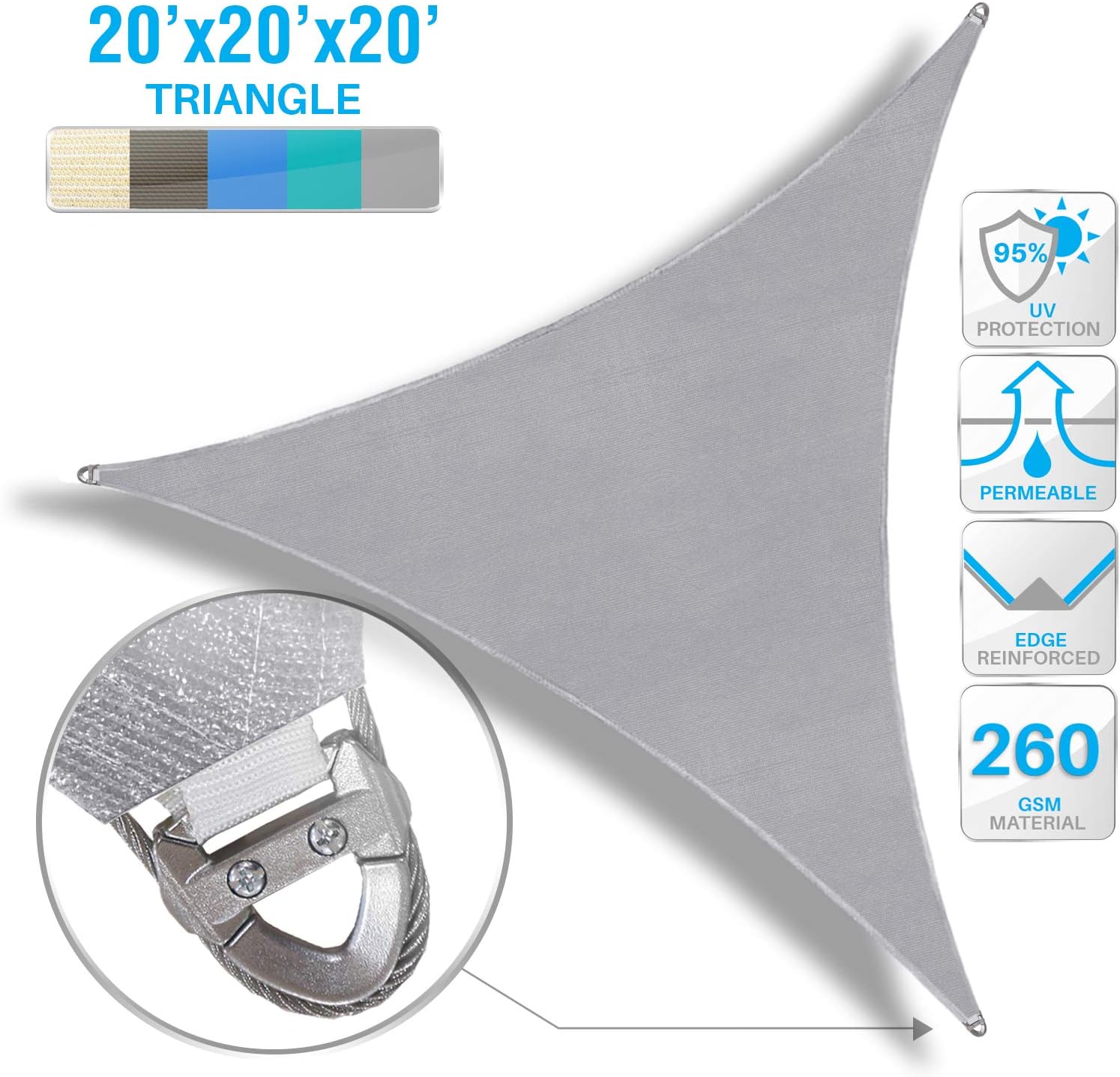 Patio Paradise 20' x 20' x 20' Light Gray Sun Shade Sail Super Ring Triangle Shade Canopy Outdoor Patio Cover Awning- 260 GSM Heavy Duty Fabric - Metal Wire Reinforcement- Customized