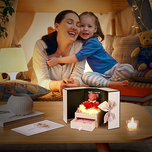 Miniatura 13 de ADDWel Rose Gifts for Women - Preserved Real Roses Forever Purple Flowers with I Love You in 100 Languages Necklace and Cute Moss Bear for