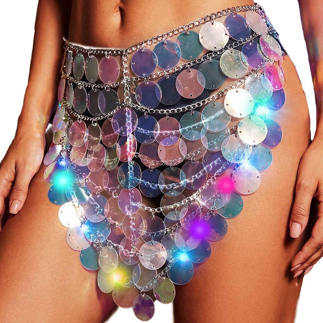 GRAEEN Light Up Sequin Mermaid Skirt Sparkly Glowing Waist Body Chain Rave Outfits for Women (Style A)