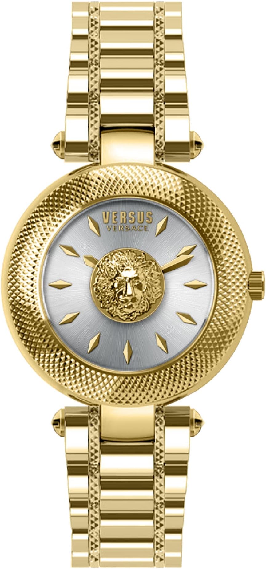 Versus VersaceBrick Lane Collection Luxury Womens Watch Timepiece with a Gold Bracelet Featuring a Gold Case and Silver Dial