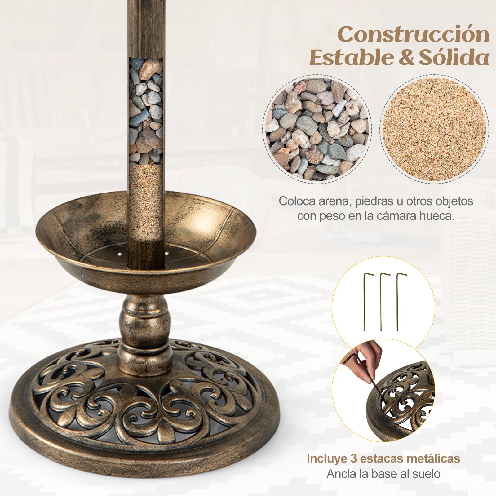 GOPLUS Comedero Pájaros con 2 Luces LED Solares, Bebedero Pájaros Exterior con Macetero de Flores y Soporte Rellenable, Decoración de Jardín Exterior, Alimentador para Aves PP 43x110cm (Bronce)
