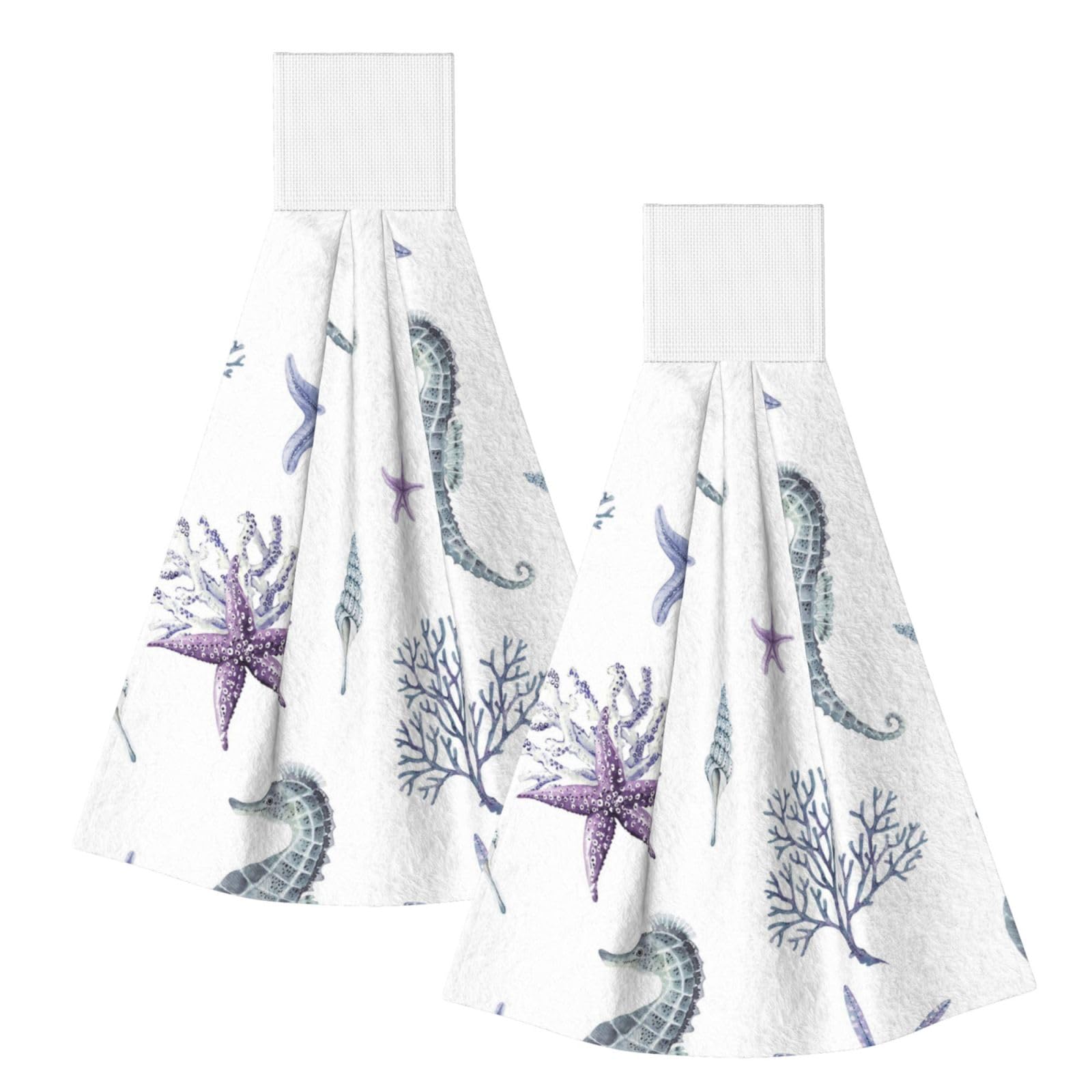 DOPKLNA Seahorse Coral Starfish Sea Summer, 2 Pcs Hanging Coral Fiber Hand Towels for Bathroom, Absorbent Kitchen Towels