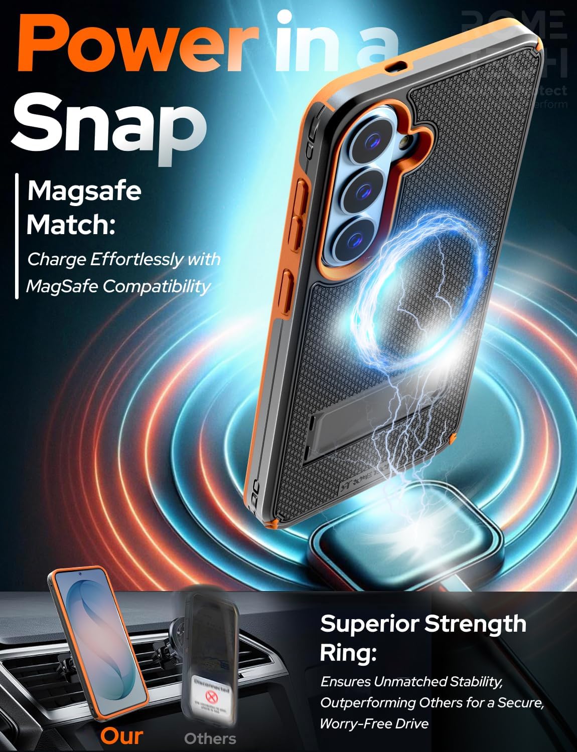 Designed for Samsung Galaxy S26 Plus Case with Belt Clip Holster - Compatible with MagSafe Magnetic Heavy Duty Phone Cover with Kickstand - Black & Orange