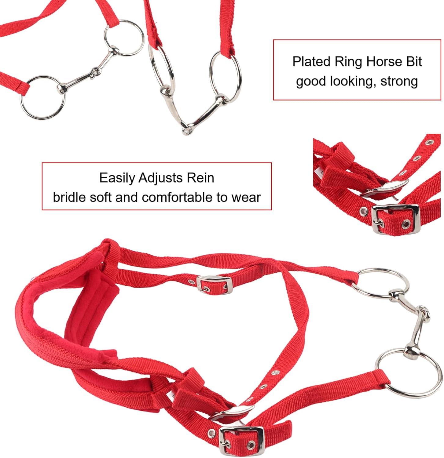 Red Horse Reins Side Pull Bridle for Horses Adjustable Horse Bridle Rein Harness Headstalls Double-Deck Design Horse bit with Soft Cushion & Plated Ring Horse Bit Cabezadas y Riendas