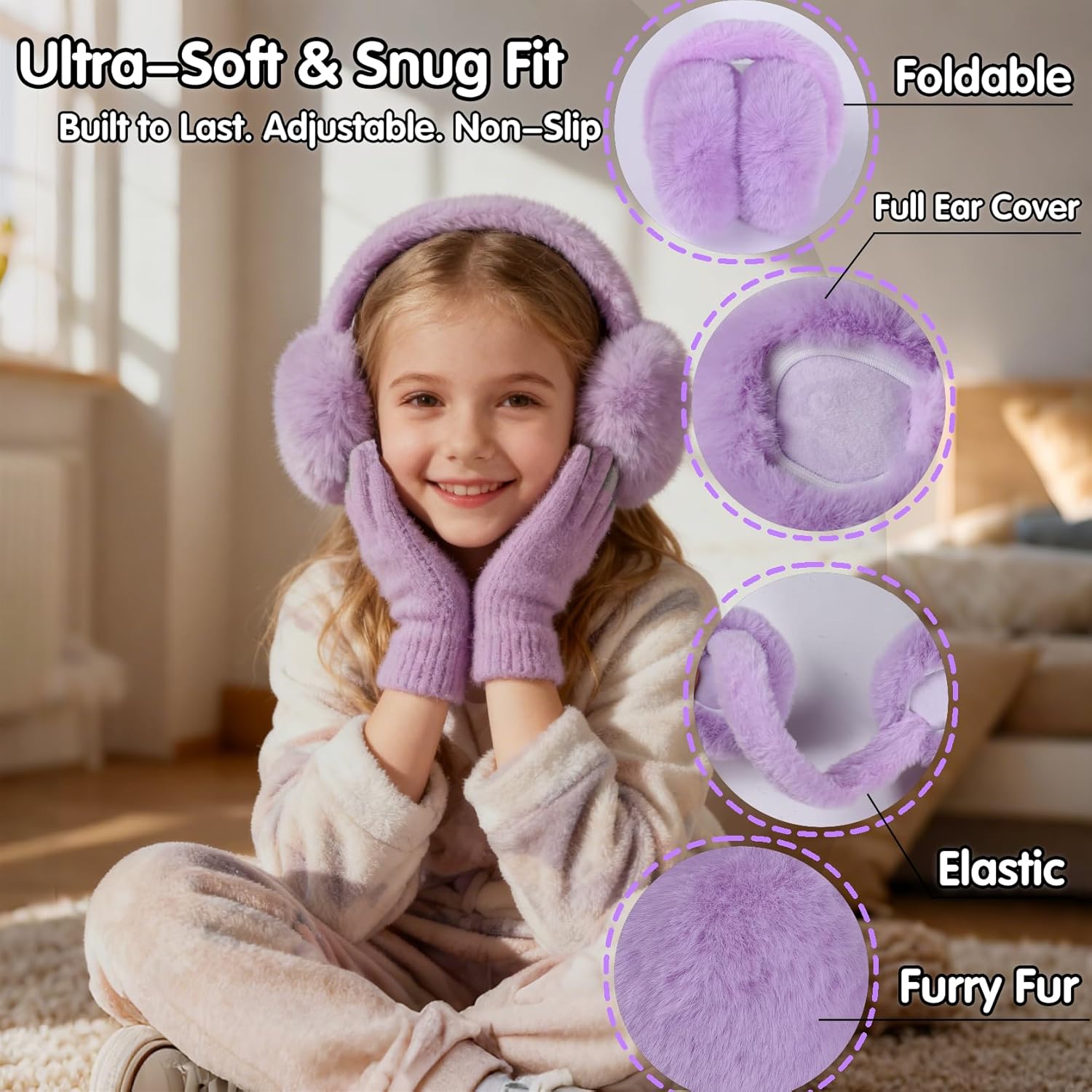 BEARAE Winter Ear Muffs Gloves Set, Fuax Fur Earmuffs with Glove, Foldable Fluffy Ear Warmer Muff for 7-12T Kids Girls Boys - Image 3