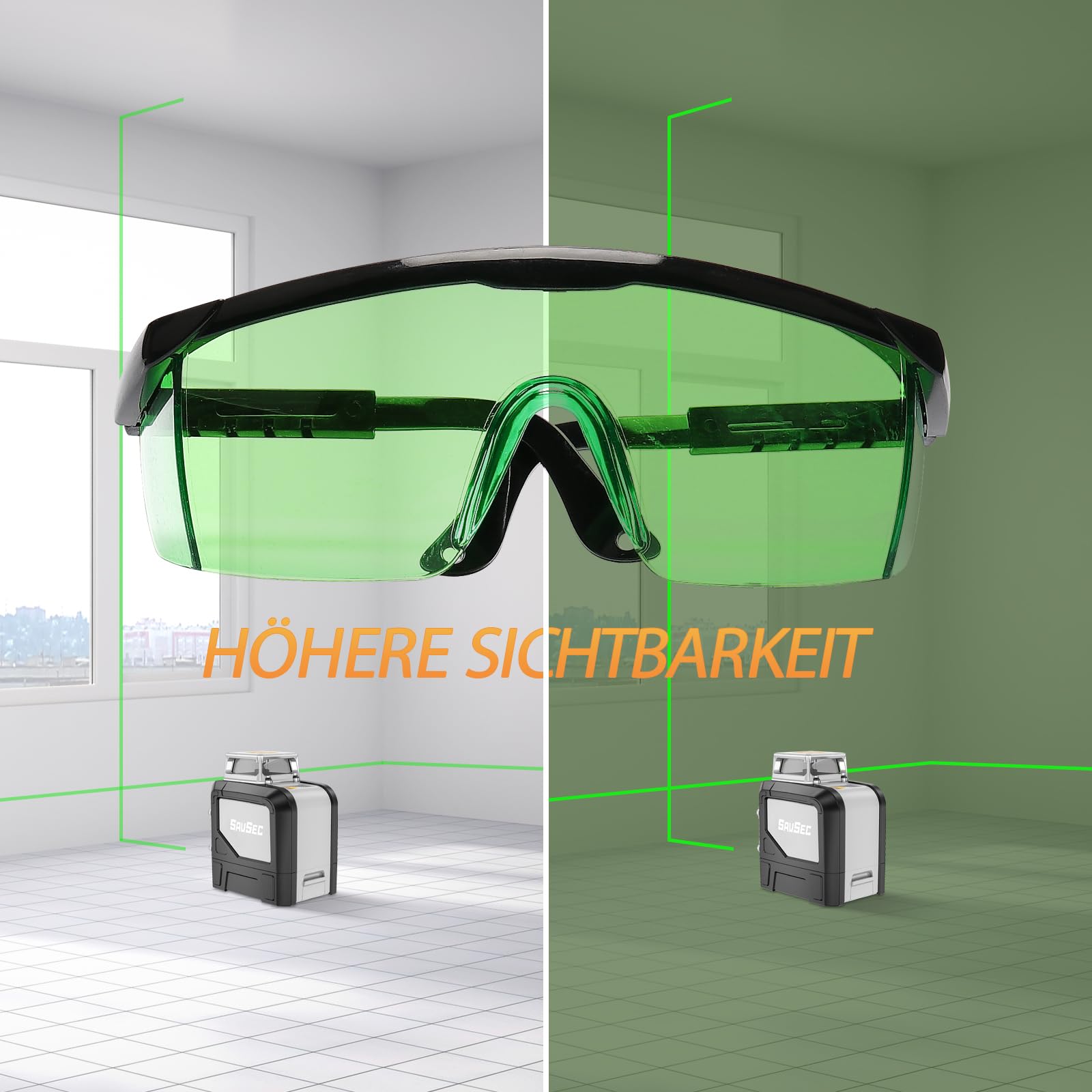 Niveau à bulle laser SAVSEC vert, 1 × 360° Laser en croix auto-nivelant, 5 lignes 45 m Niveau à bulle laser en croix avec mode manuel, automatique et impulsion pour chantier de construction intérieur