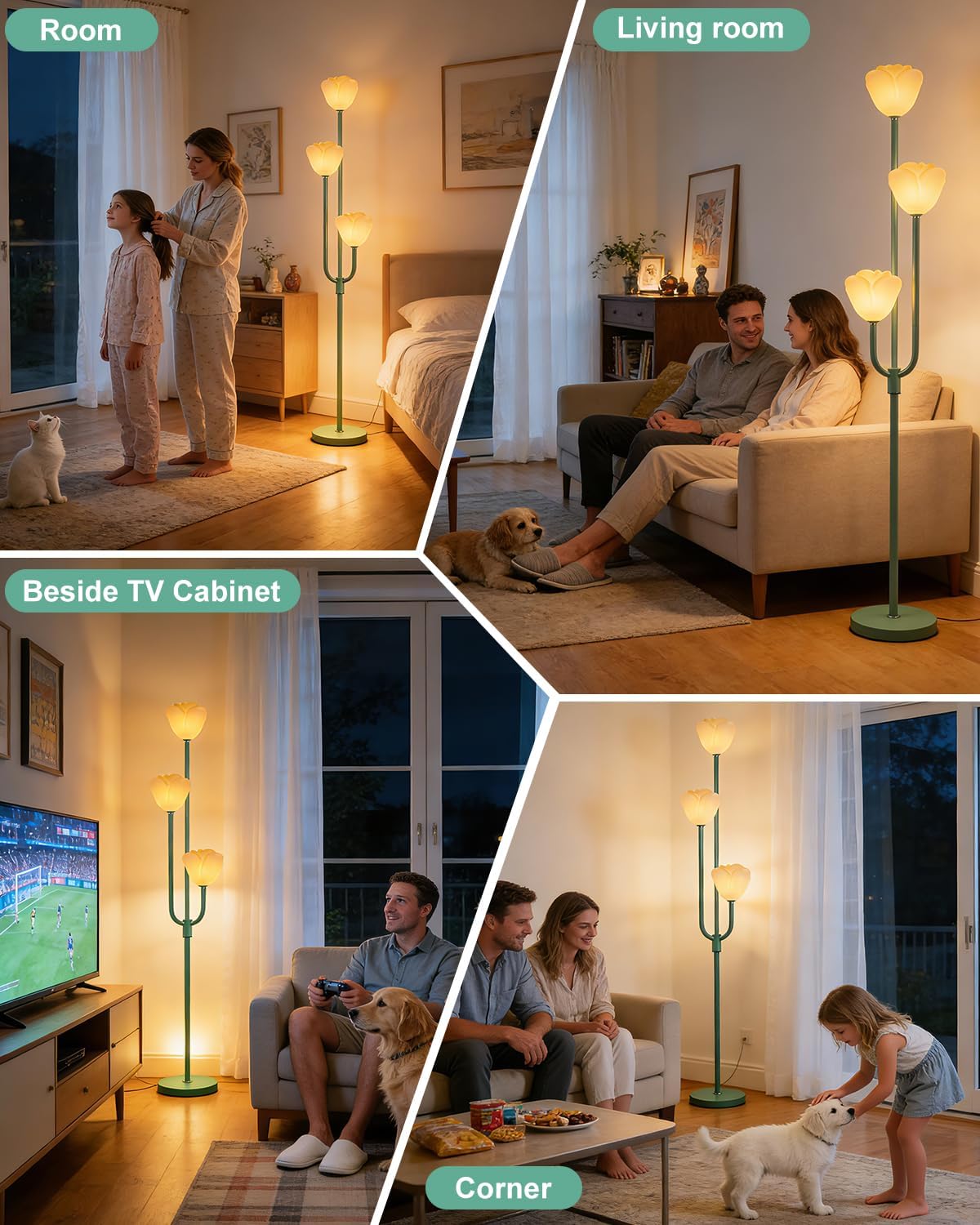 Lightdot 66IN Flower Floor Lamp 3-Lights Vintage Floor Lamps with Bulbs Included for Wedding Party Modern Dimmable Green Standing Tall Lamp with 5Lbs Heavy Base for Living Room/Bedroom/Home Decor