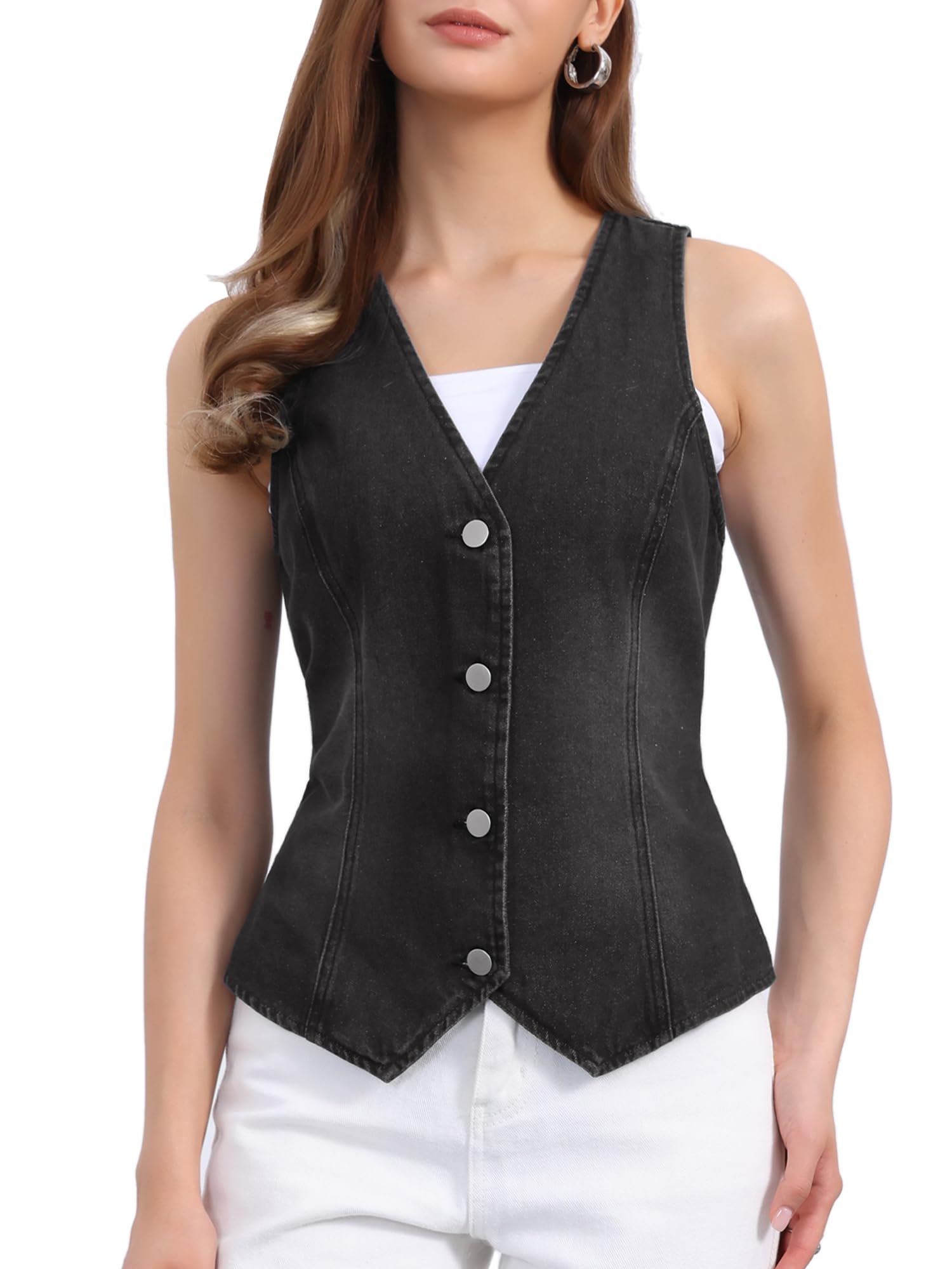 Allegra K Gilet en Jean pour Femme Blouson sans Manches en Denim à Col en V Veste Boutonné Décontractée Vintage