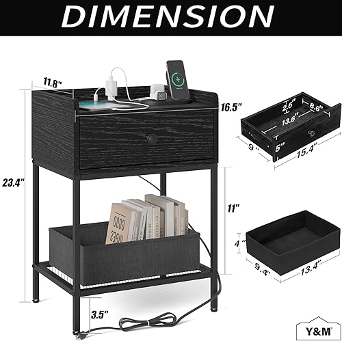 Miniatura 3 de Y&M Mesita de noche con estación de carga y puertos USB, mesa auxiliar con cajón, moderna mesita de noche, estante de almacenamiento para espacios