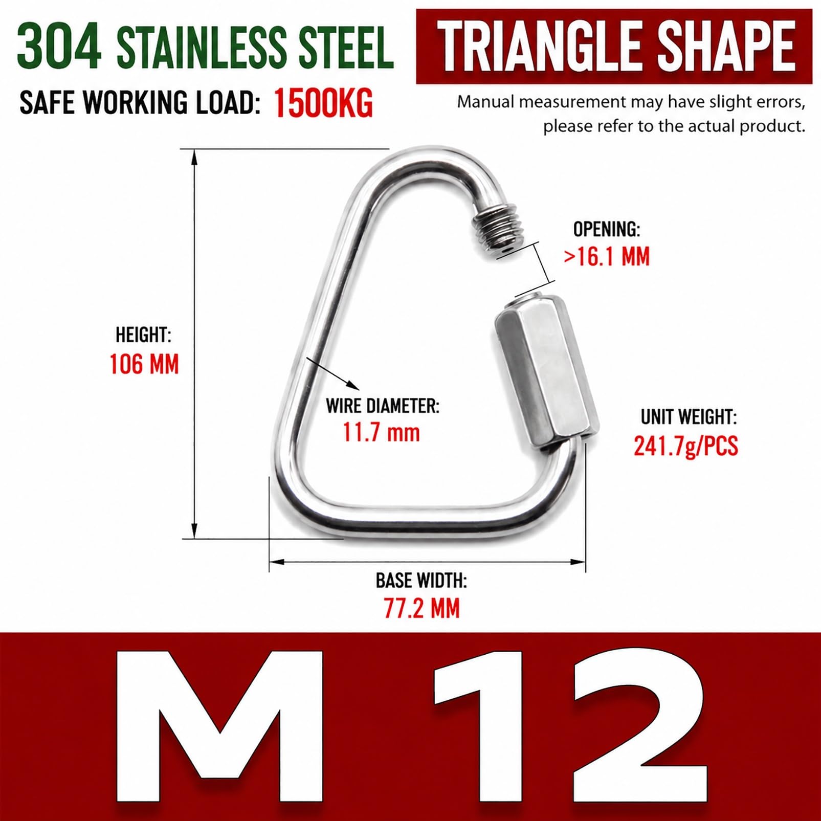 Mosquetón triangular resistente, eslabones rápidos de acero inoxidable 304, 8 unidades, conectores de cadena de bloqueo de tornillo para slackline, hamaca, columpio, camping, cuerda