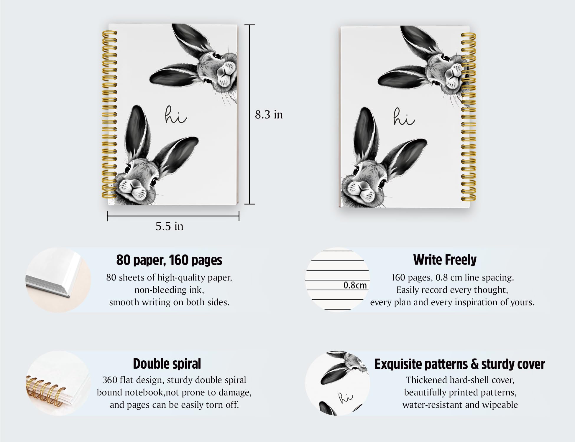 Diario con simpatico coniglio, diario con simpatico animale, per scuola, donne, adolescenti, ragazze, bambini, regali per gli amanti dei conigli, quaderni a spirale con copertina rigida per