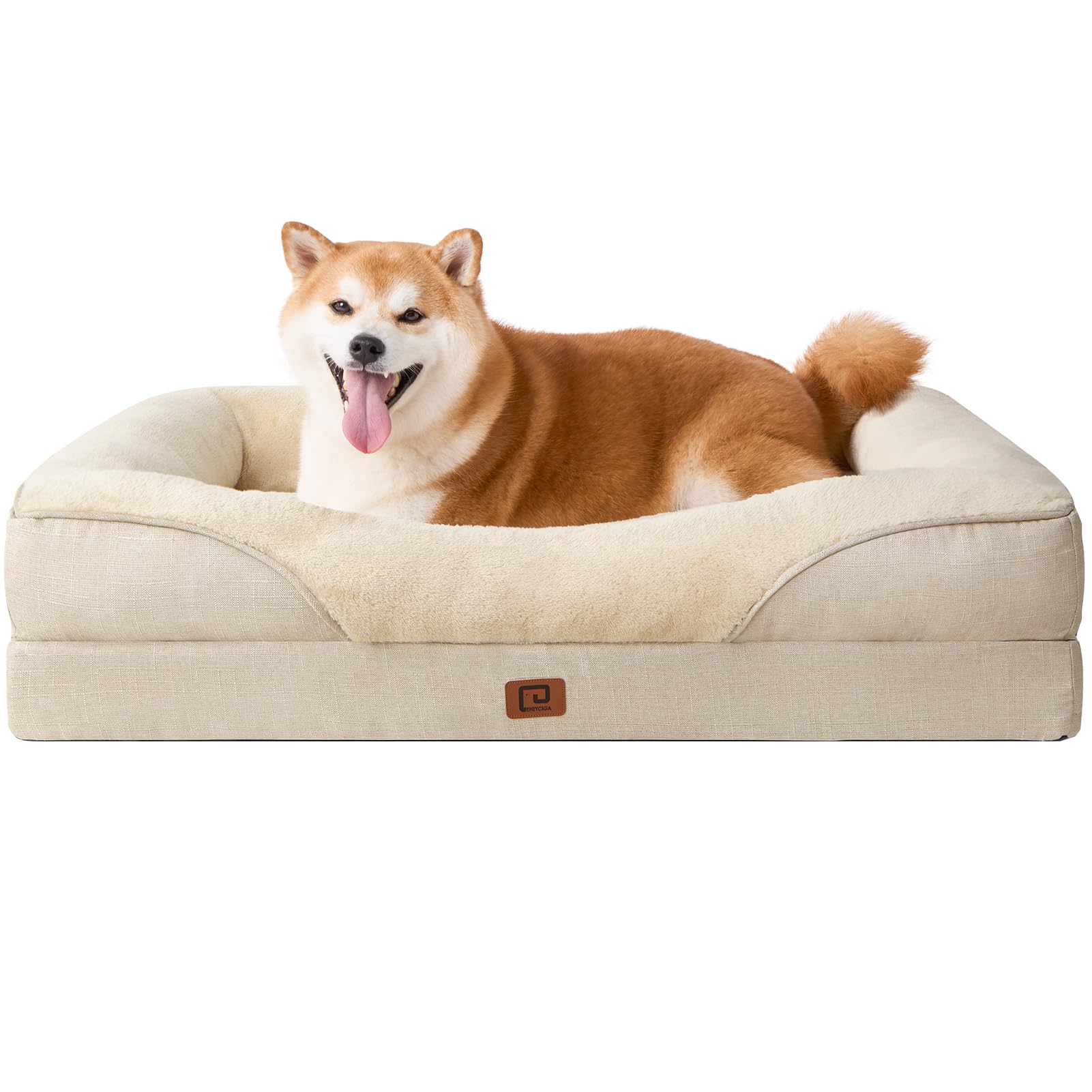 EHEYCIGA Memory Foam Cuccia Cane Interno Taglia Grande, Impermeabile Divano per Cani Sfoderabile e Lavabile, Letto per Cani con 4 Bordi Rialzati, Beige, 91x68x17.5cm