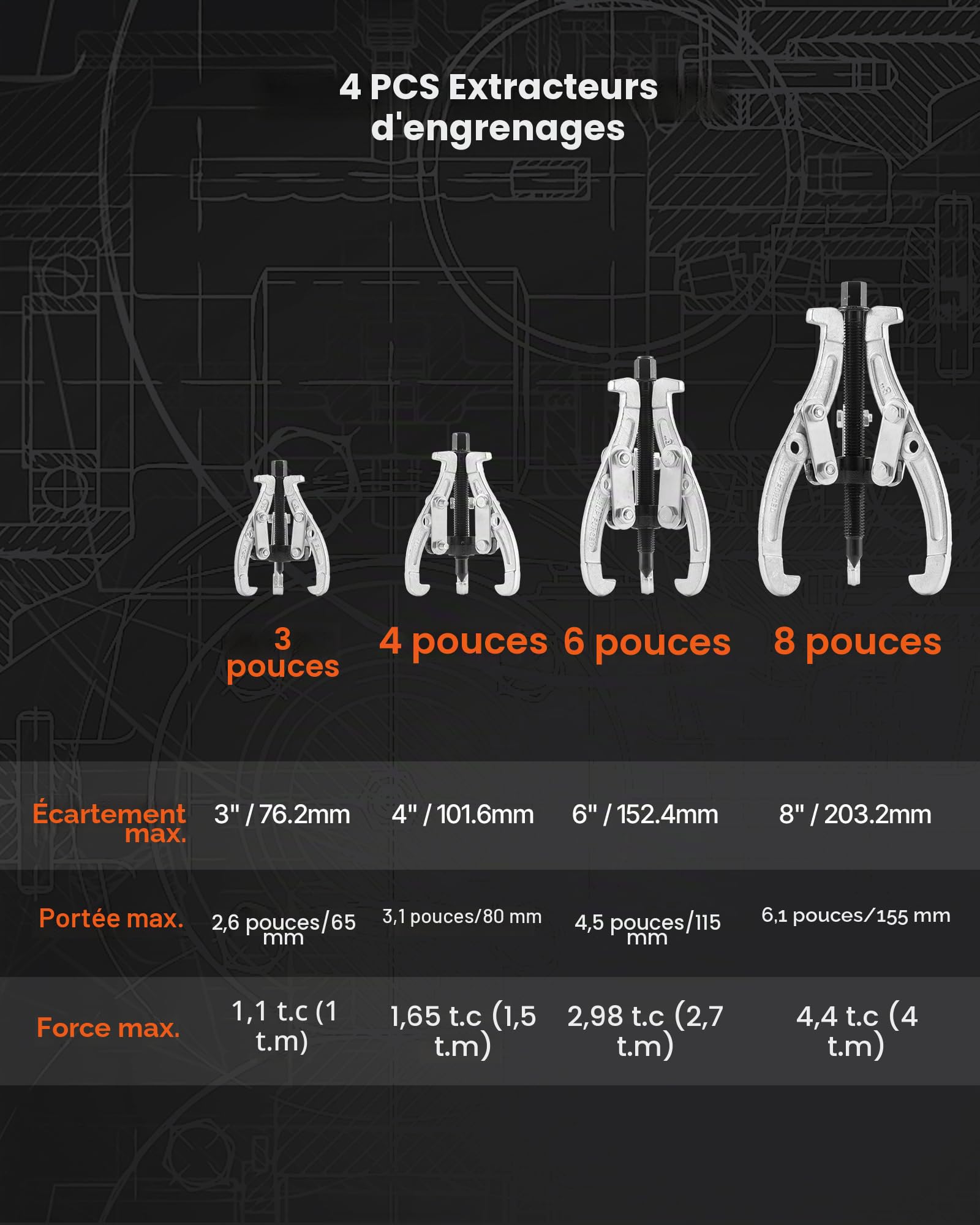 VEVOR Ensemble d'Extracteurs d'Engrenages de Poulie à 2/3 Mâchoires 4PCs, Arrache Roulement 76,2/101,6/152,4/203,2 mm avec Mâchoires Réversibles, pour Retrait du Volant d'Inertie, Garage Atelier