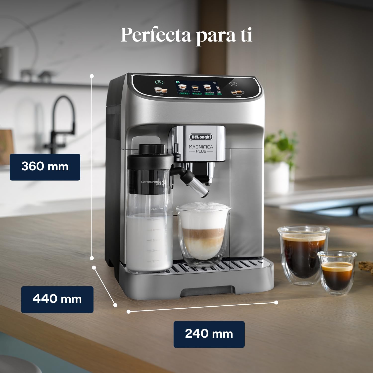 De’Longhi Magnifica Plus– Perfetto Cafetera Superautomática, LatteCrema Jarra de leche automática, 18 Bebidas One-Touch, Pantalla Táctil a Color, Plata y Negro (ECAM322.70.SB)