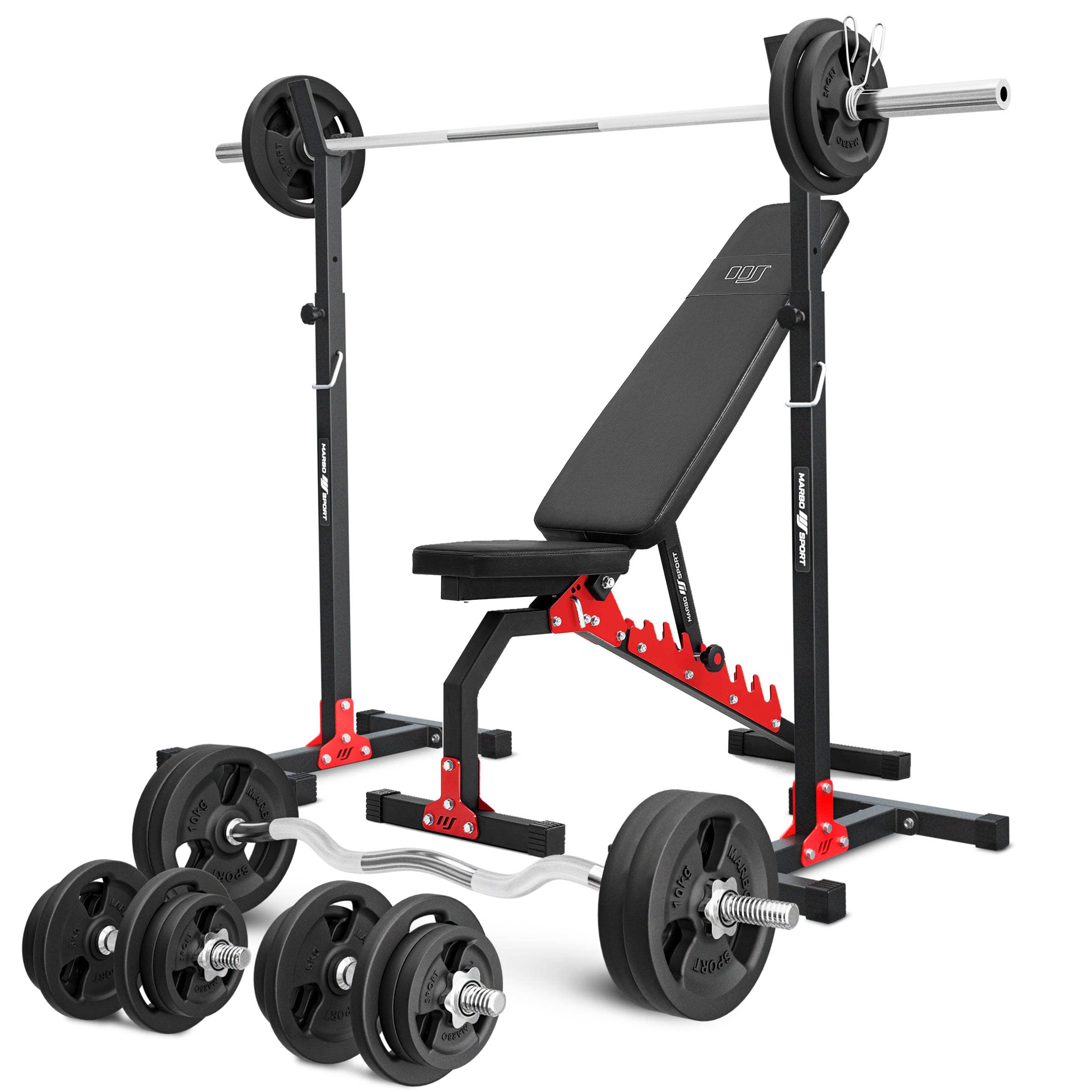 Marbo Sport-Set MH7 – verstellbare Hantelbank, 2-teiliger Langehantelständer, 1x SZ-Curlstange, 2X Kurzhantelstange, 1x Langhantelstange + Gewichtsscheiben/gummierte Gewichtsscheiben, 83/113 insg. kg