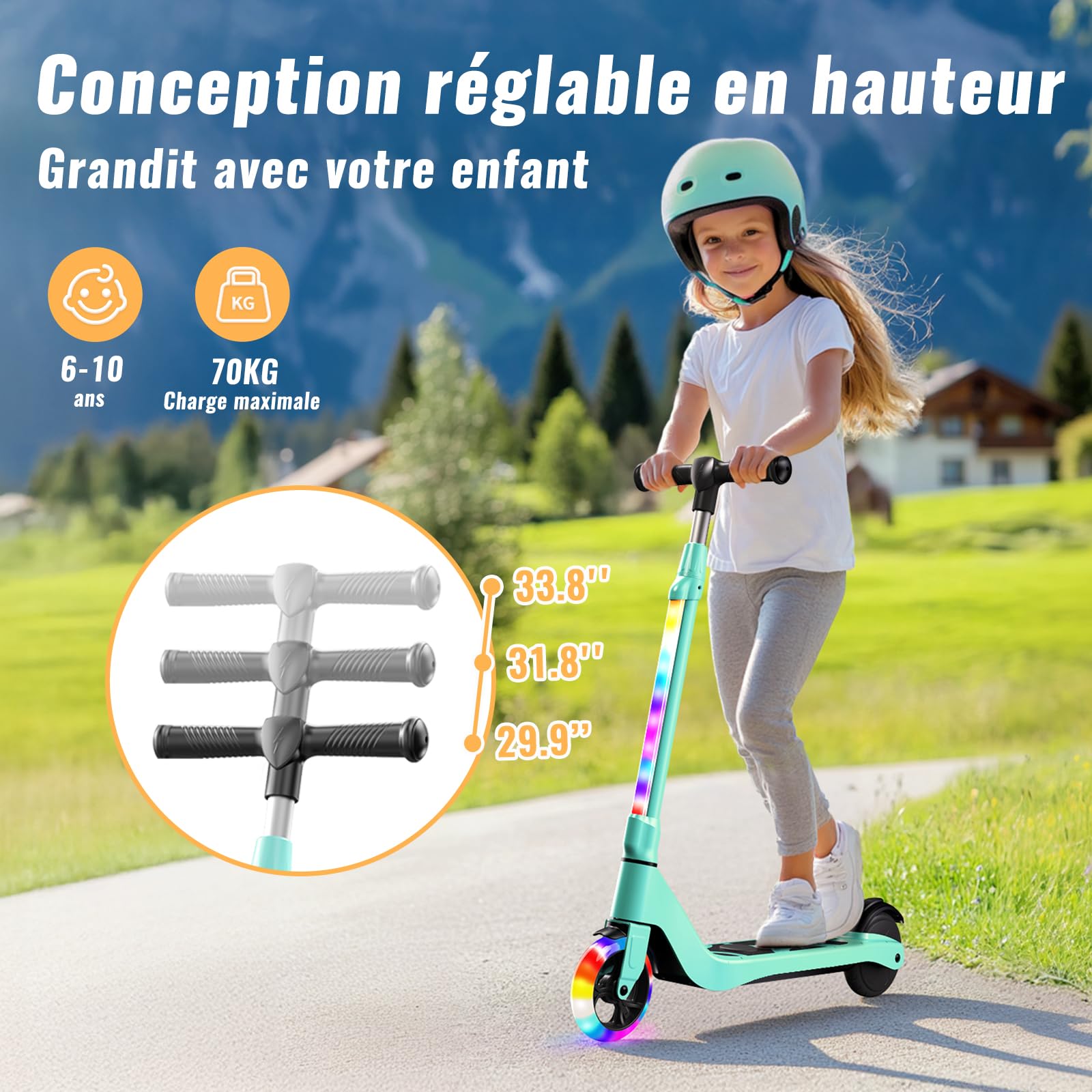 TST - Patinete eléctrico para niños de 6 a 8 a 10 años con luz LED Colorida y 3 Alturas Ajustables, 5,3 Pulgadas, Scooter eléctrico para niños, Carga máxima 70 kg, Velocidad máxima 10 km/h, autonomía