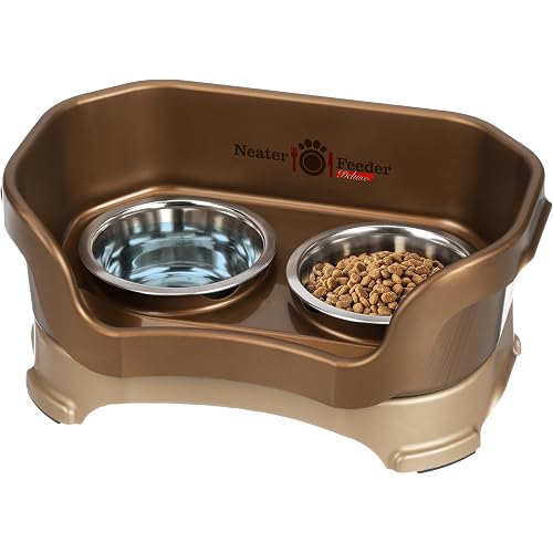 Neater Pet Brands Neater Feeder Deluxe Mess Proof Cat Bowls Elevated, Made in USA, No Spill Raised Bowls for Indoor Cats, Stainless Steel Food and Water Bowl Set, Pet Dish Feeding Station, Bronze